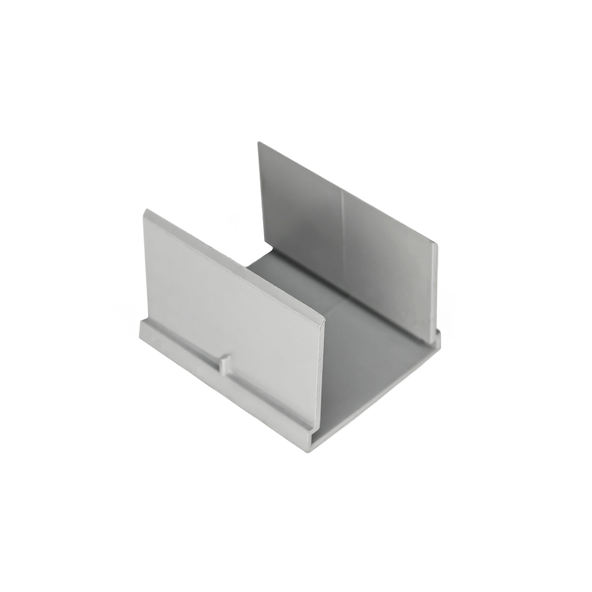 Stainless steel linear drain component with U-shaped channel and vertical flanges on both sides.