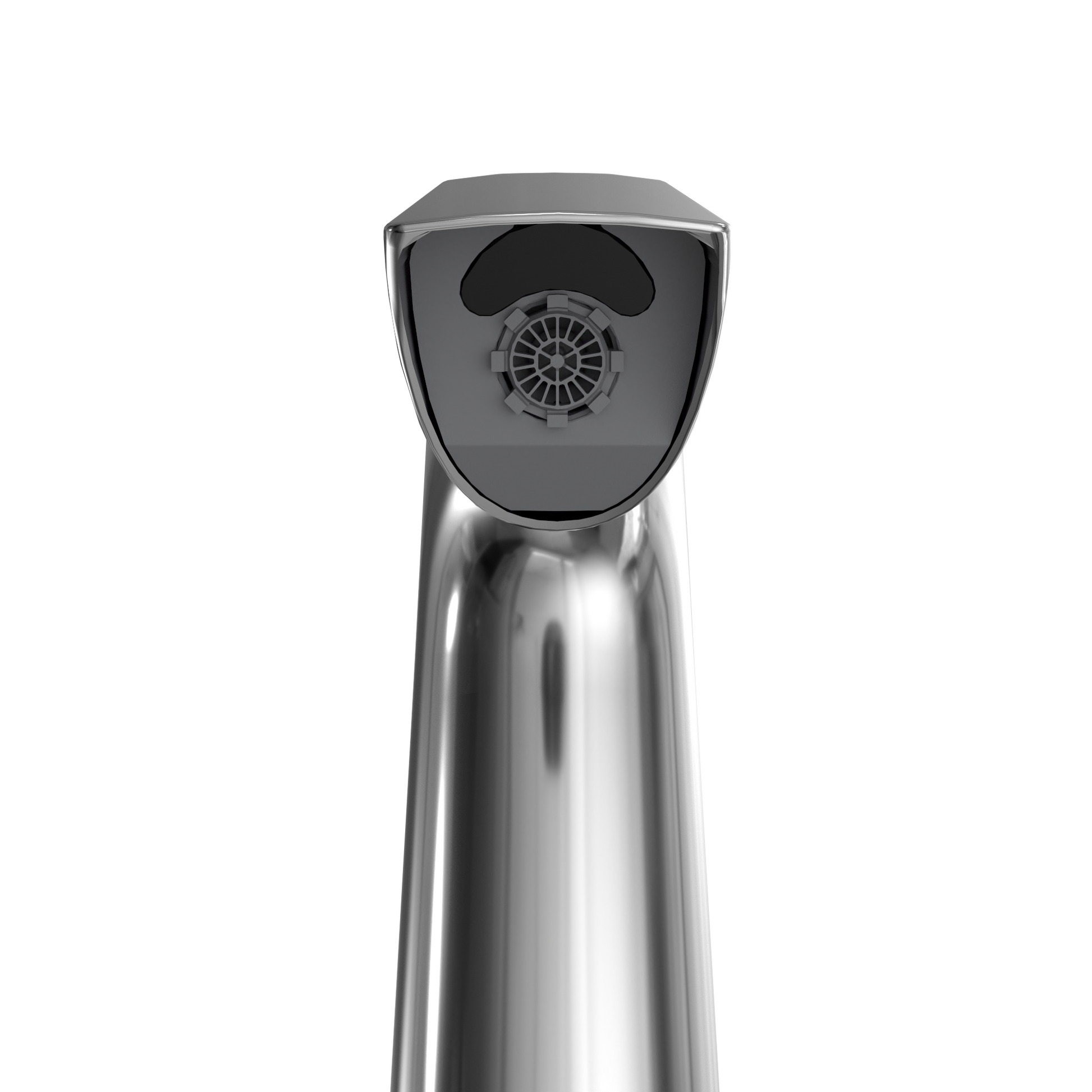 Polished chrome touchless bathroom faucet with black sensor head and aerator visible at top.
