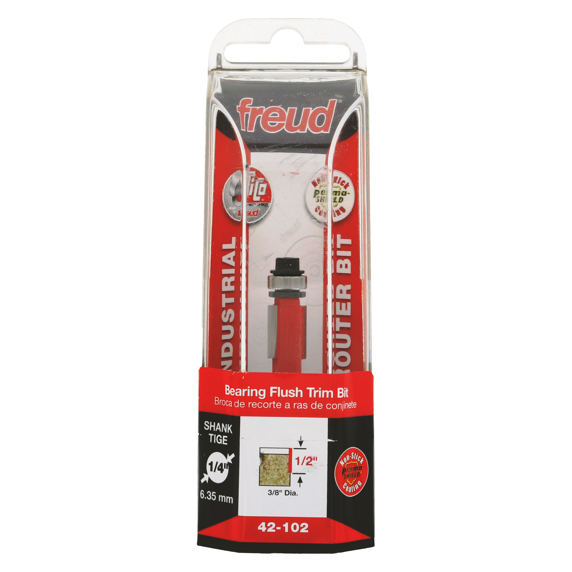Freud bearing flush trim bit with red handle, 3/8" diameter, in clear plastic packaging with product specifications and model