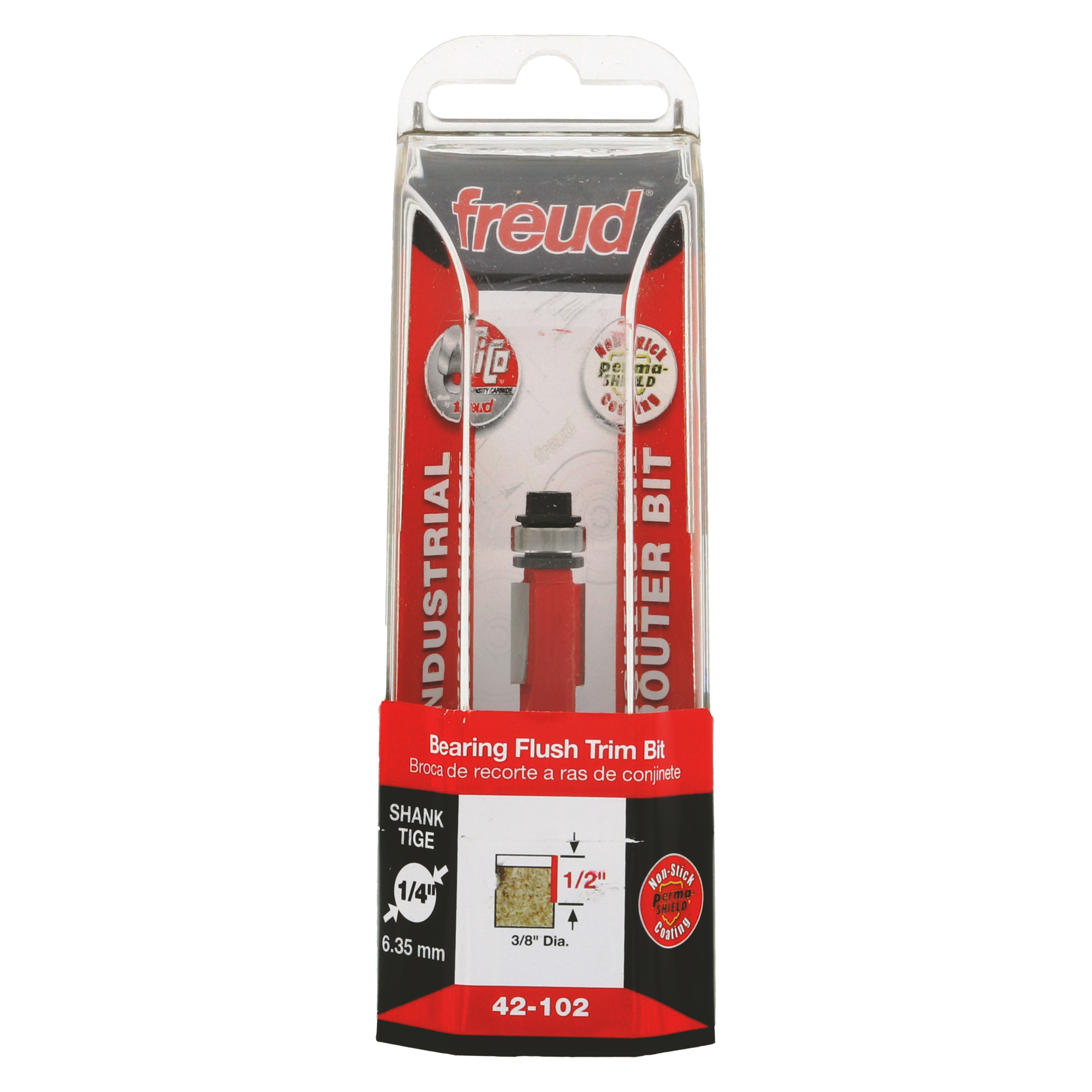 Freud bearing flush trim bit with red handle, 3/8" diameter, in clear plastic packaging with product specifications and model