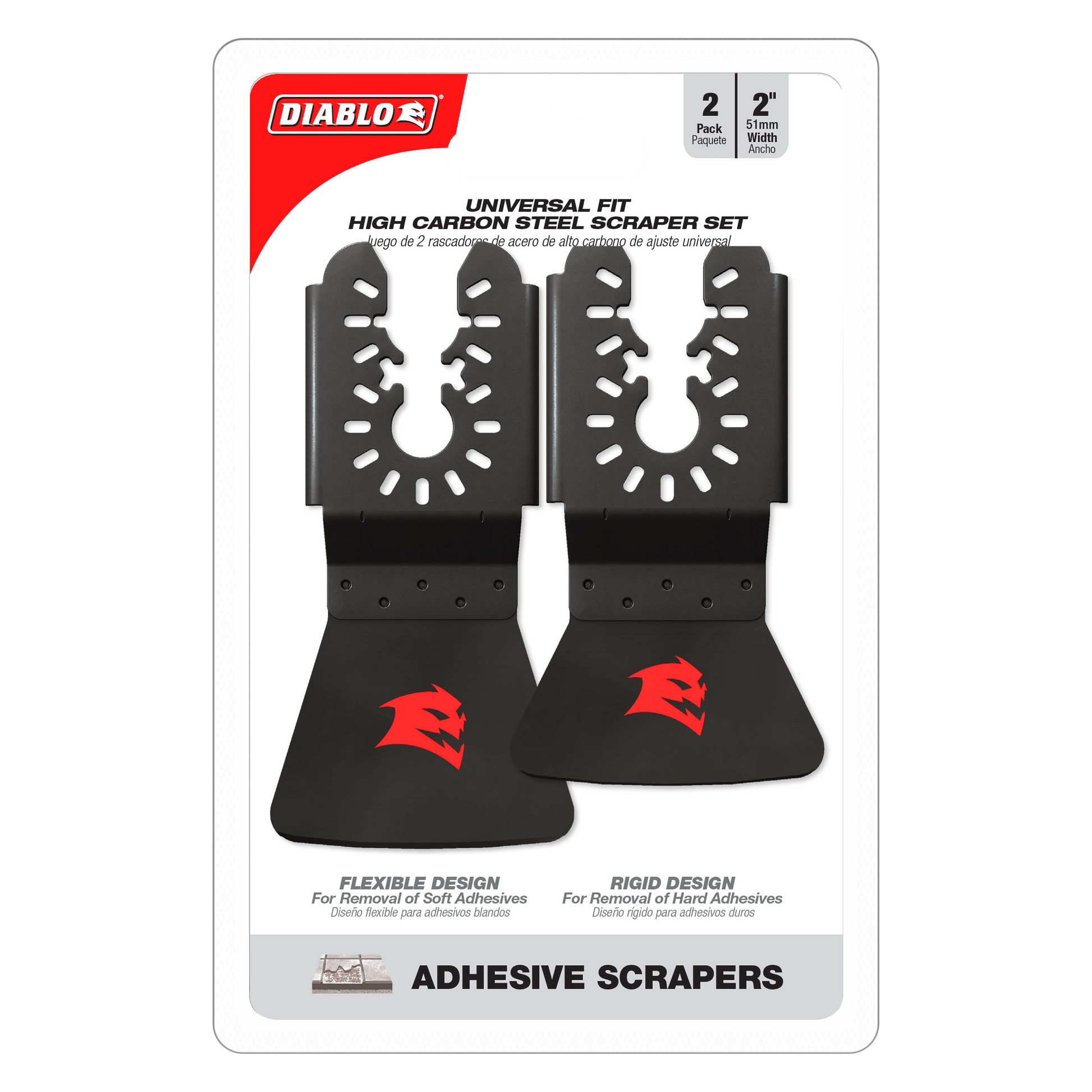 Two black high carbon steel oscillating scraper blades with perforated design and red Diablo branding, 2" width.