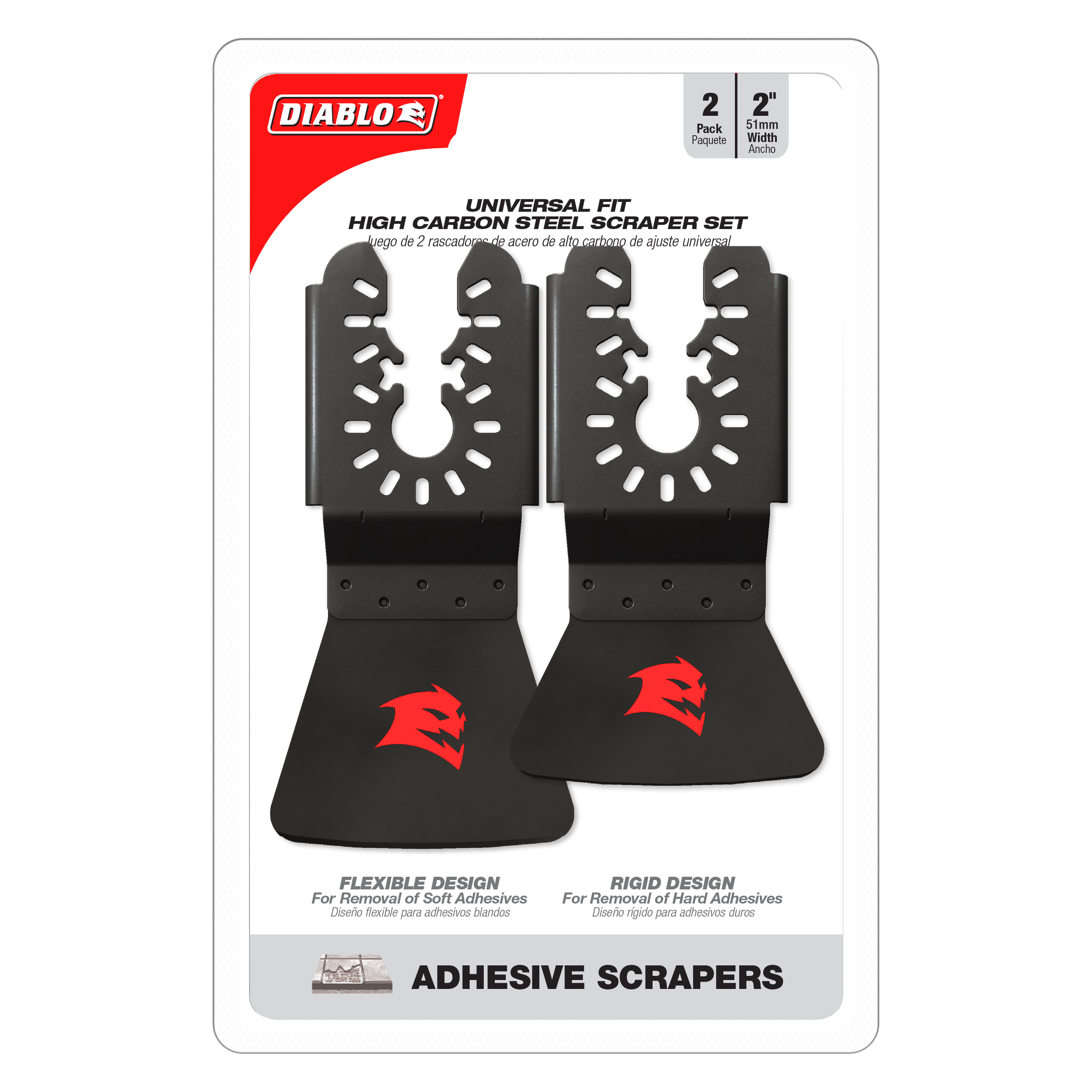 Two black high carbon steel oscillating scraper blades with perforated design and red Diablo branding, 2" width.