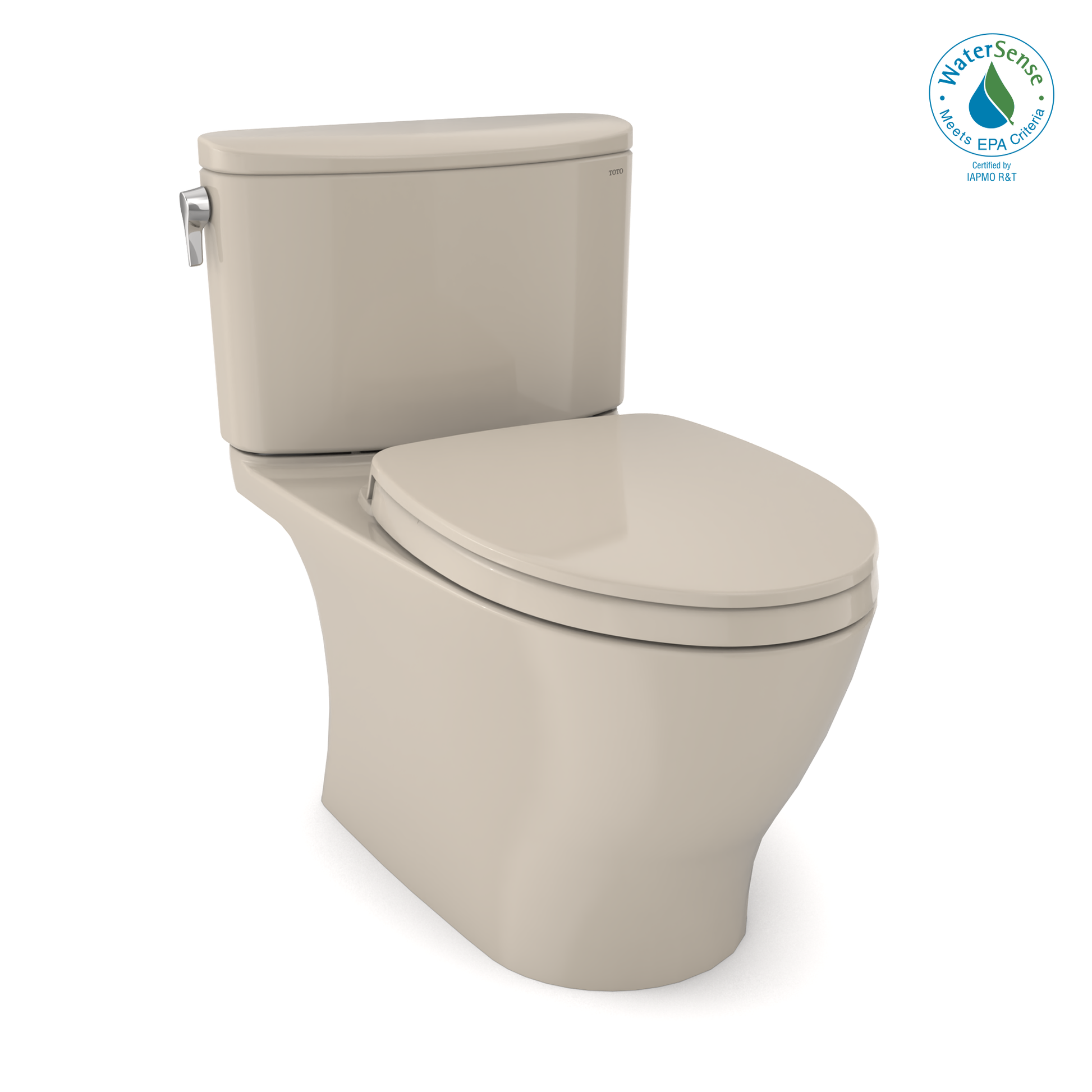 Bone-colored one-piece elongated toilet with soft-close seat and integrated tank with side lever handle.