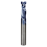 3/8" two-flute mortise compression bit with spiral cutting edges and square top cutting head.