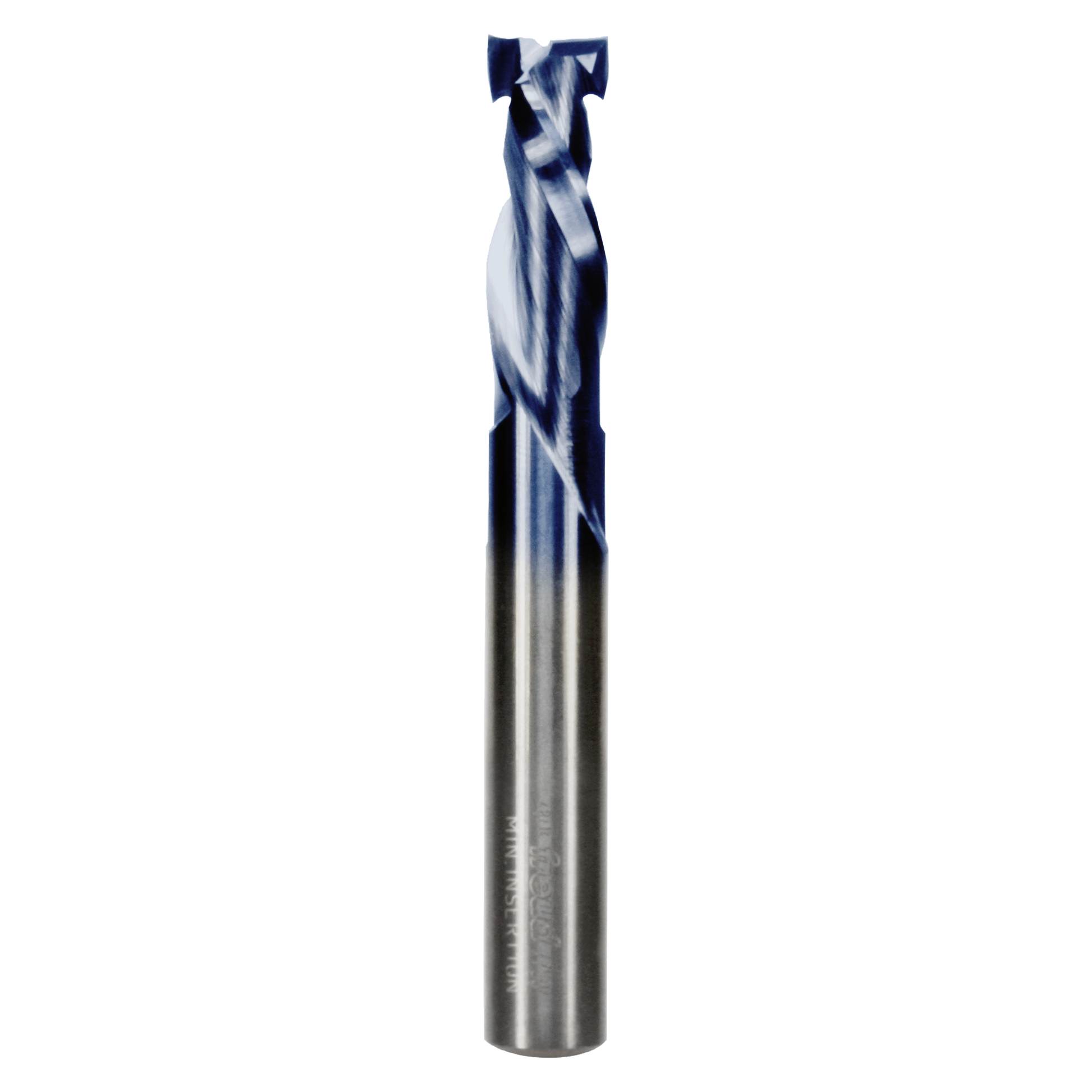 3/8" two-flute mortise compression bit with spiral cutting edges and square top cutting head.