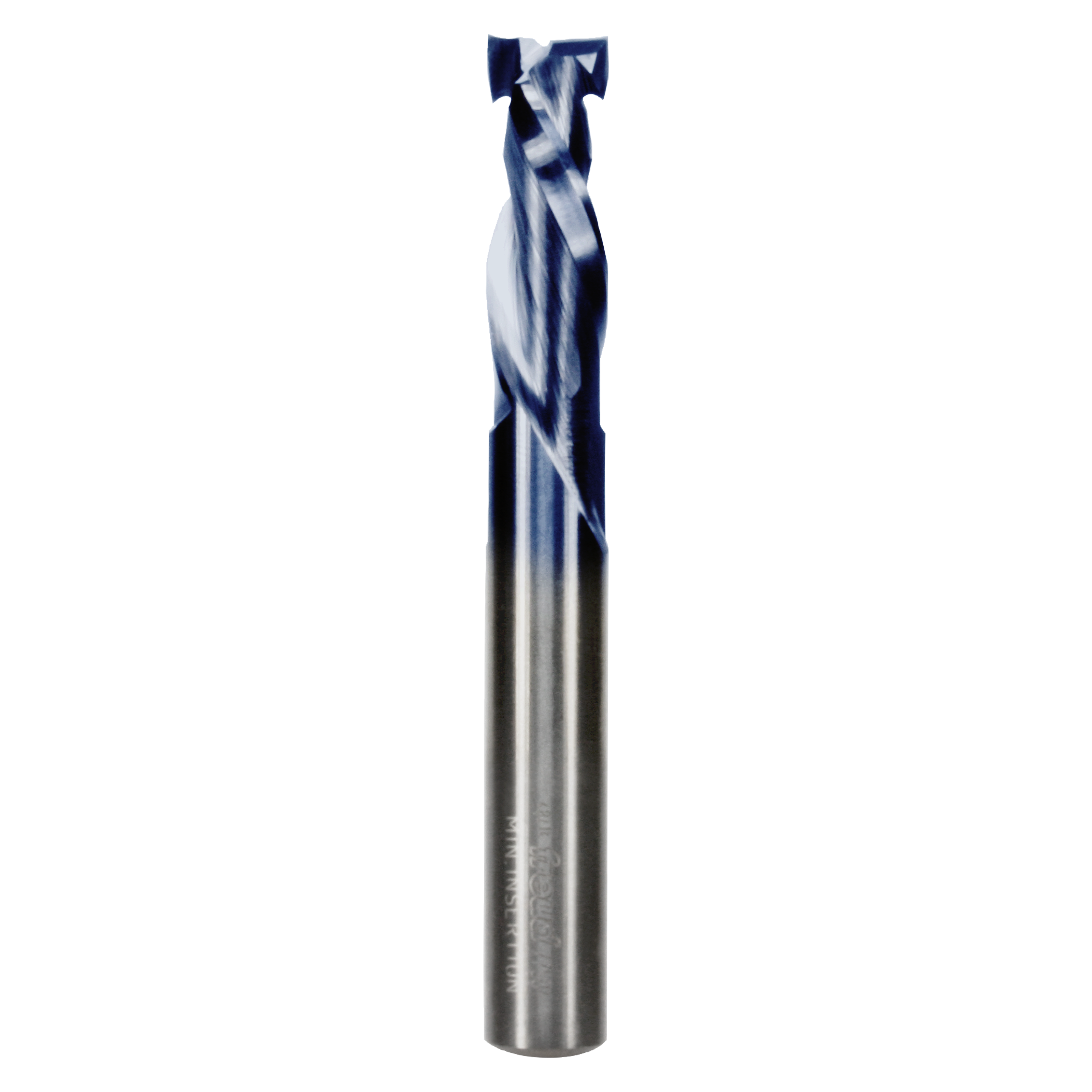 3/8" two-flute mortise compression bit with spiral cutting edges and square top cutting head.