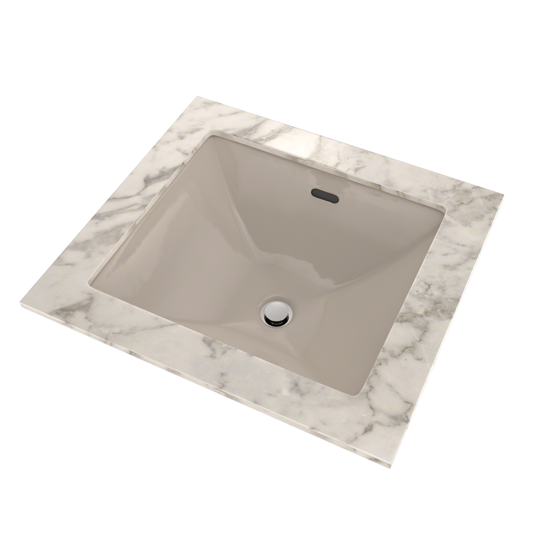 Bone-colored rectangular undermount bathroom sink with chrome drain fitting and overflow opening.