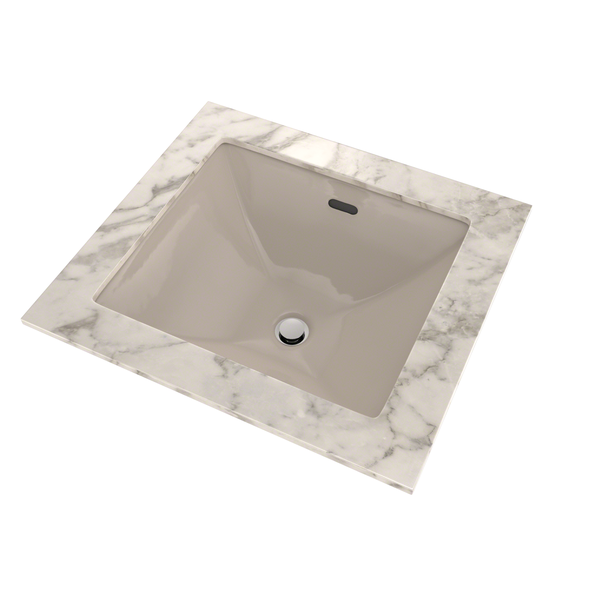 Bone-colored rectangular undermount bathroom sink with chrome drain fitting and overflow opening.