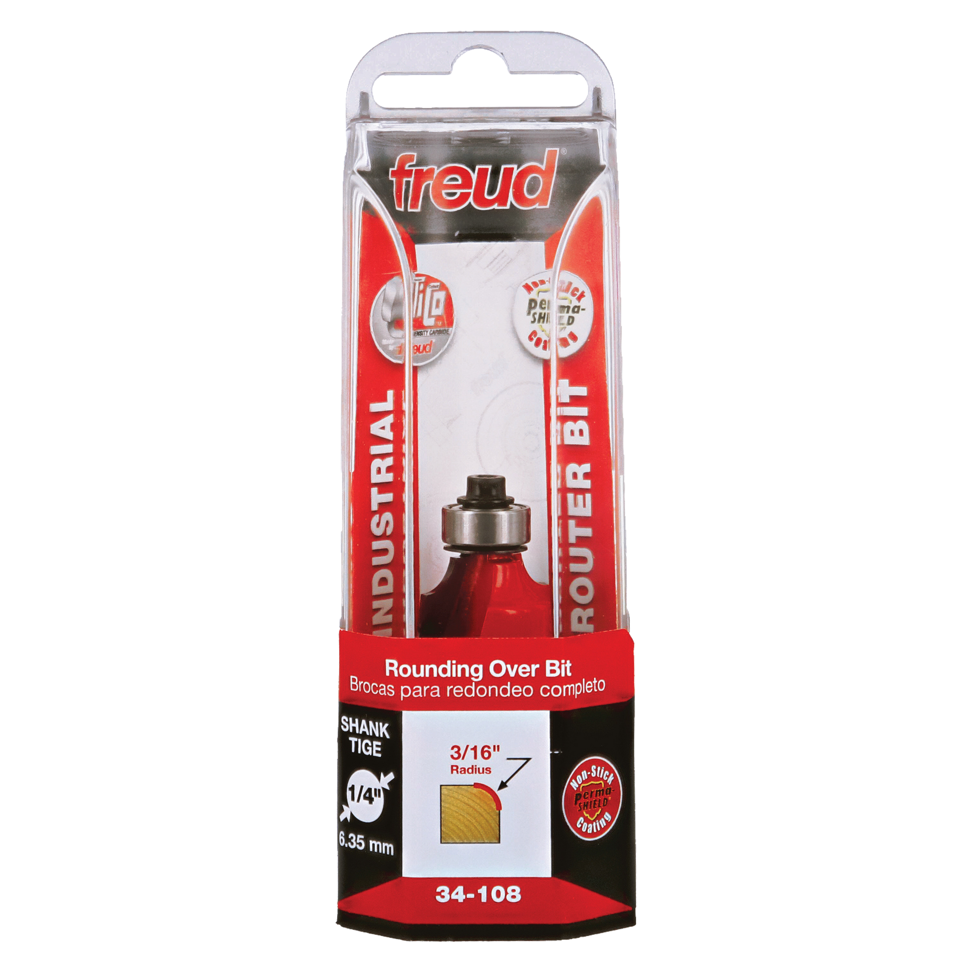 Freud 3/16" radius rounding over bit with red handle and 1/4" shank in clear plastic packaging.