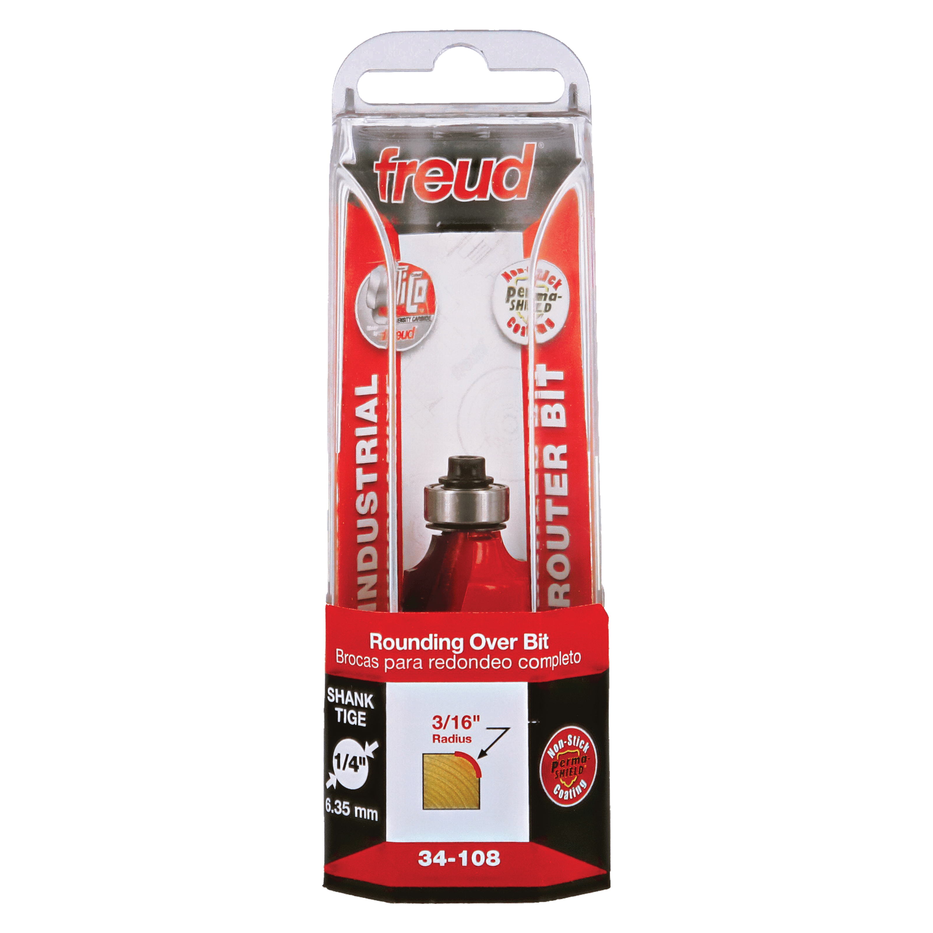 Freud 3/16" radius rounding over bit with red handle and 1/4" shank in clear plastic packaging.