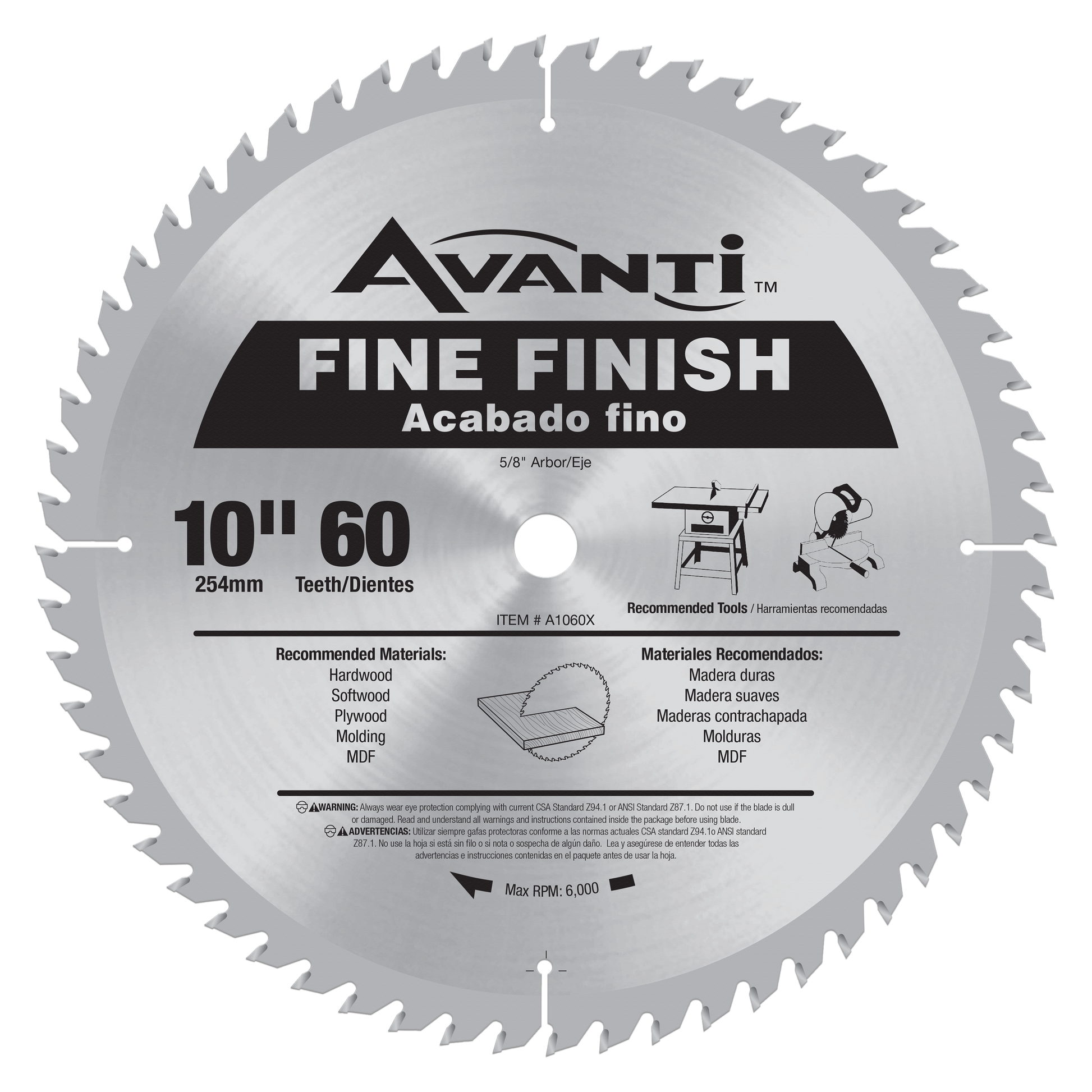 Avanti circular saw blade, 10 inches diameter with 60 teeth, fine finish design for woodworking.