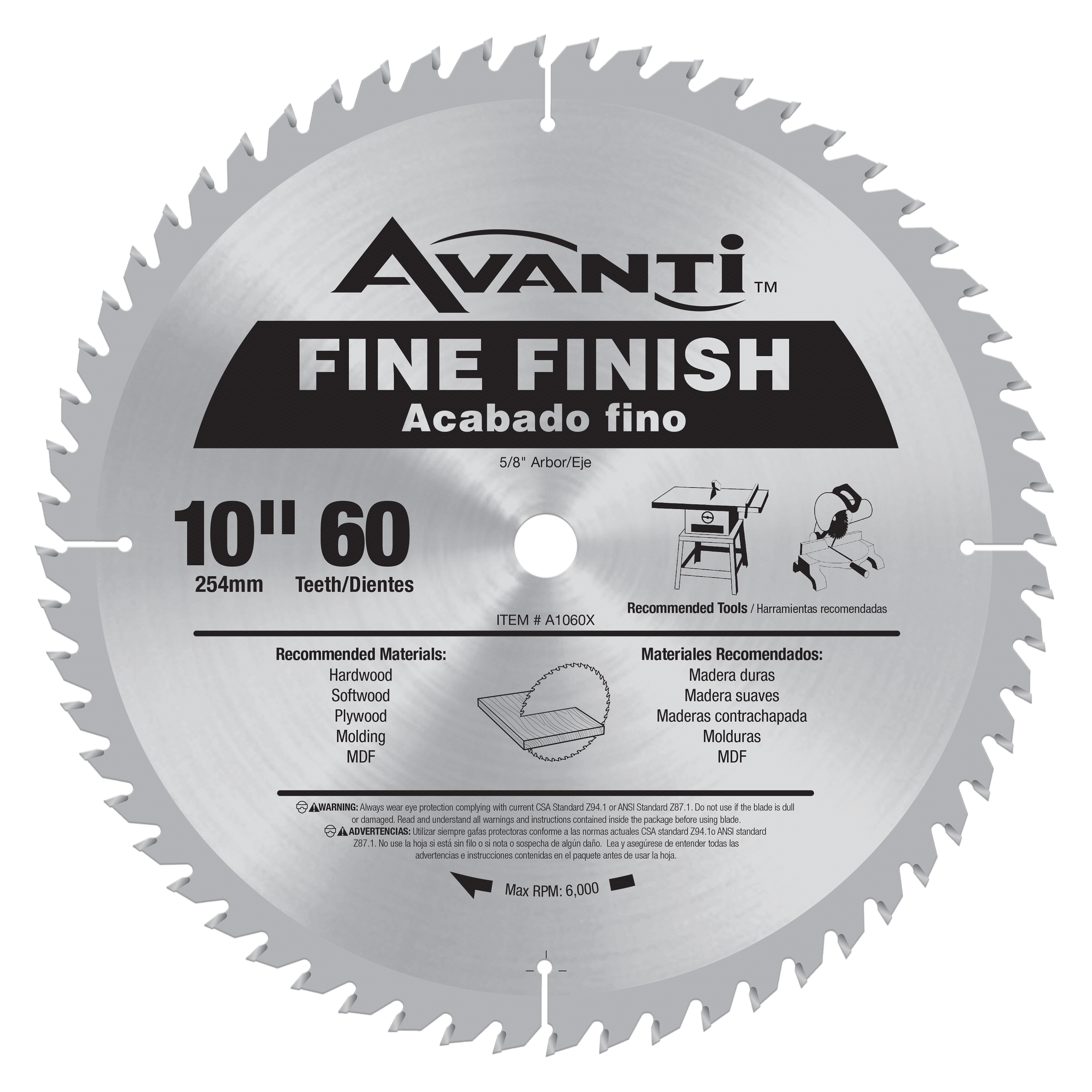 Avanti circular saw blade, 10 inches diameter with 60 teeth, fine finish design for woodworking.