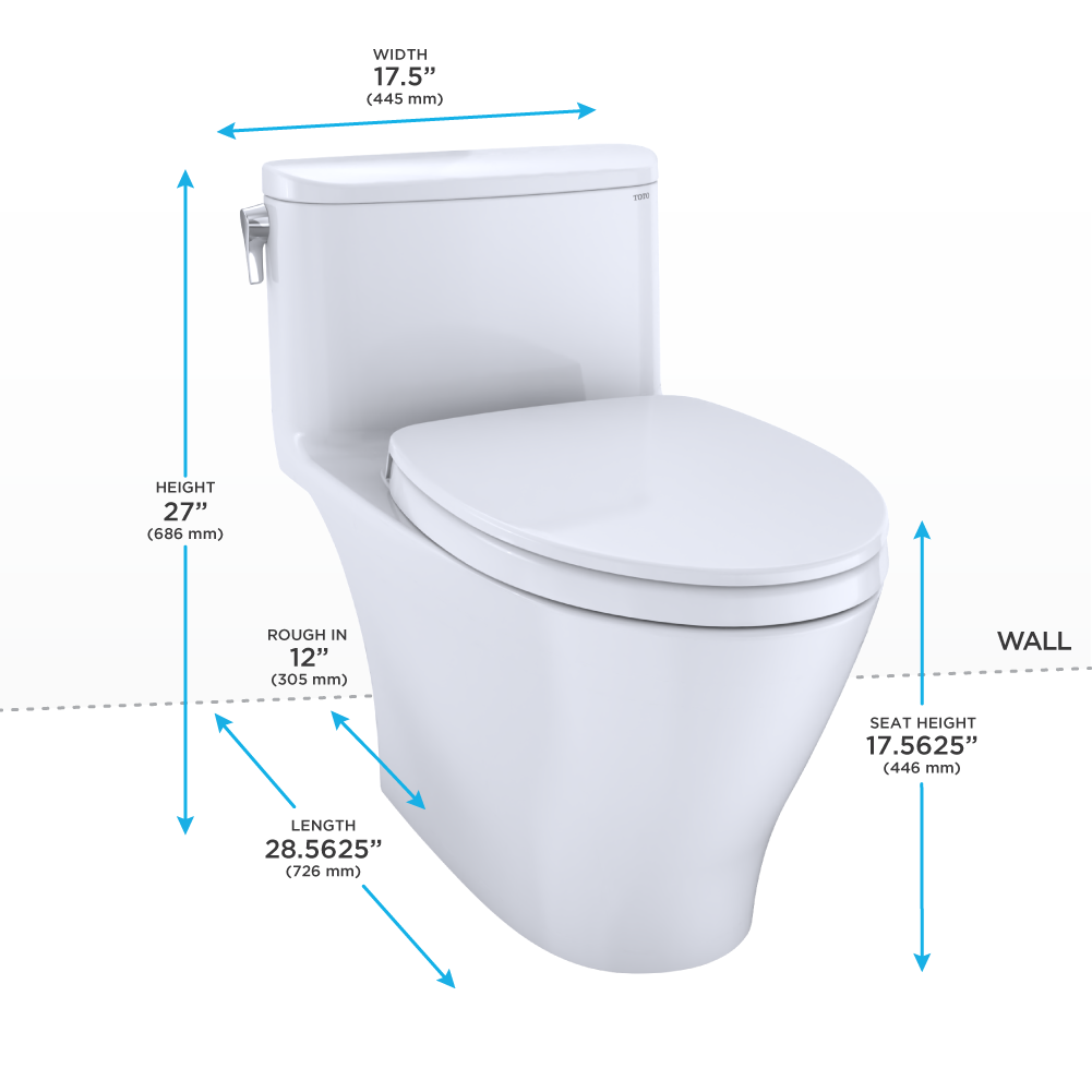 White elongated one-piece toilet with soft-close seat and side control panel, shown with dimensions and specifications.