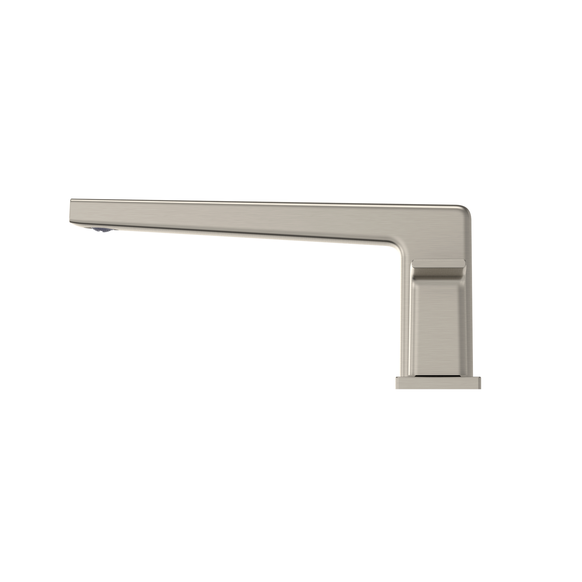 Brushed nickel two-handle deck-mount roman tub filler trim with angular spout and rectangular handles.