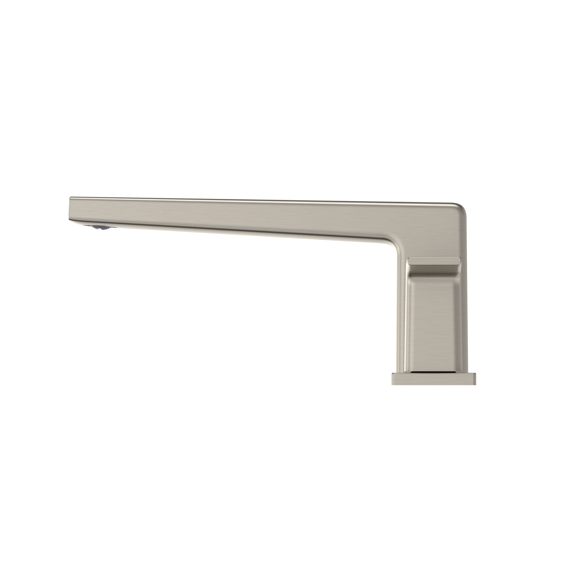 Brushed nickel two-handle deck-mount roman tub filler trim with angular spout and rectangular handles.