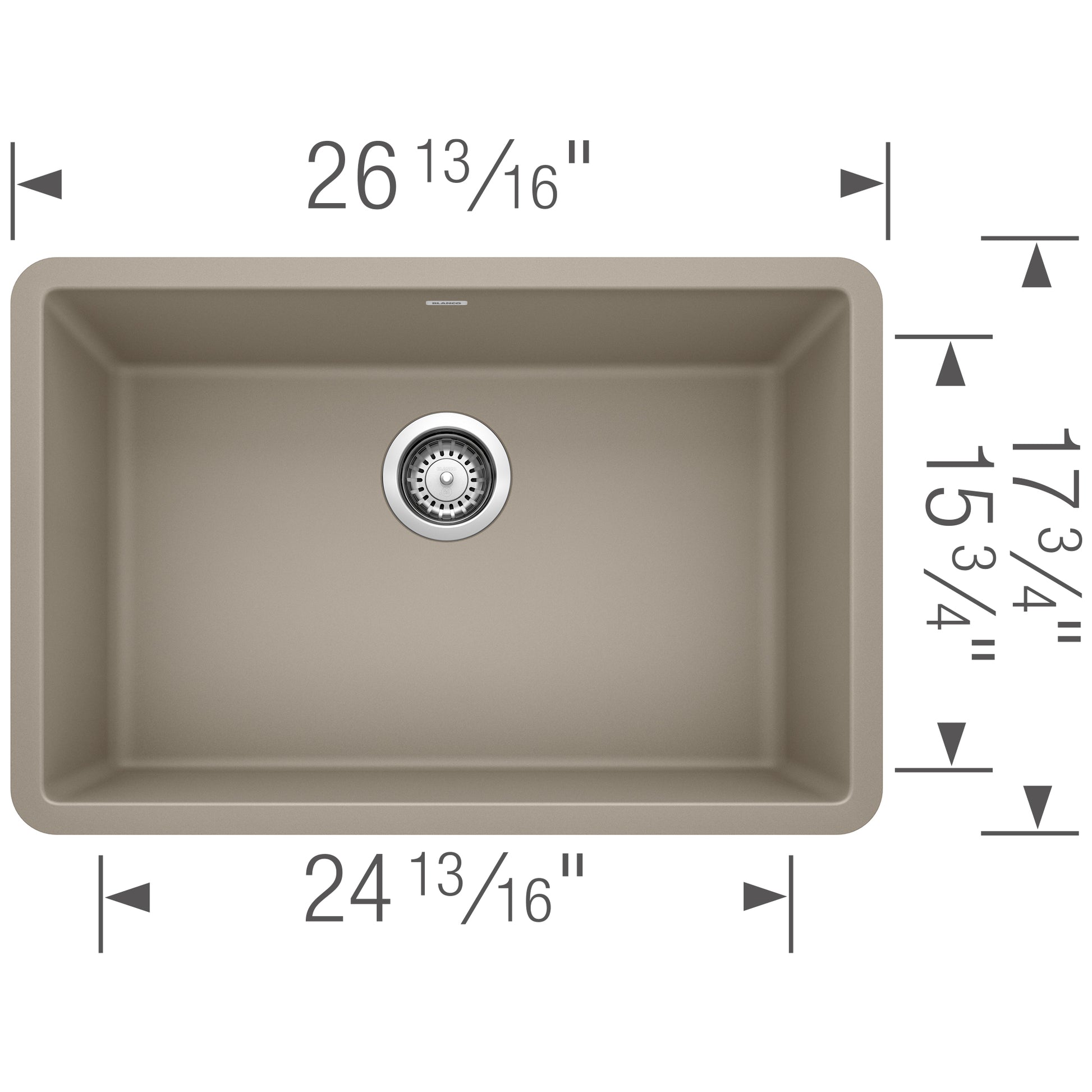 Truffle-colored single bowl undermount sink with chrome drain strainer and dimensional measurements labeled.