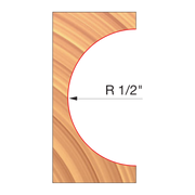 Freud convex radius cutter bit with 1/2" radius profile shown in cross-section on wood.