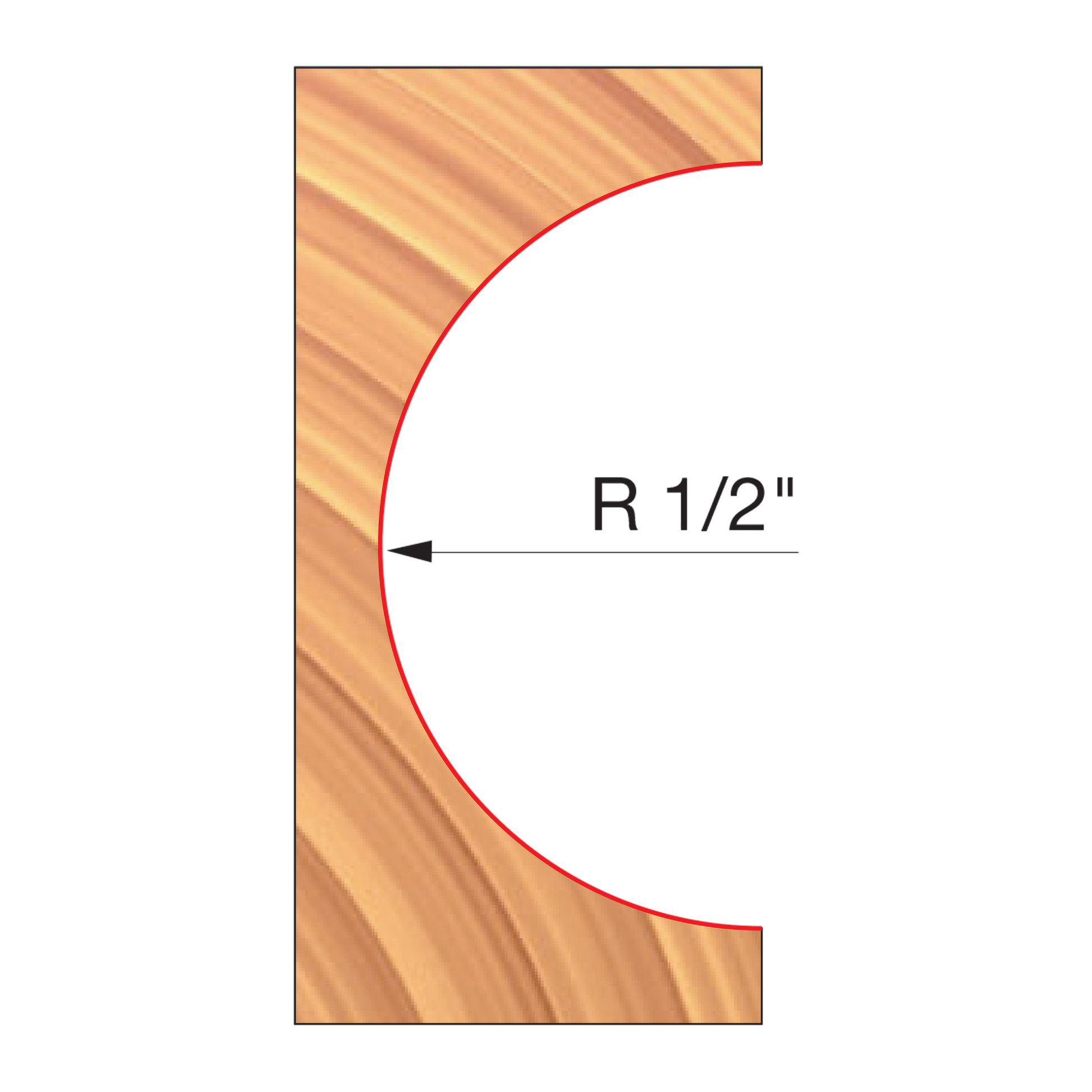 Freud convex radius cutter bit with 1/2" radius profile shown in cross-section on wood.