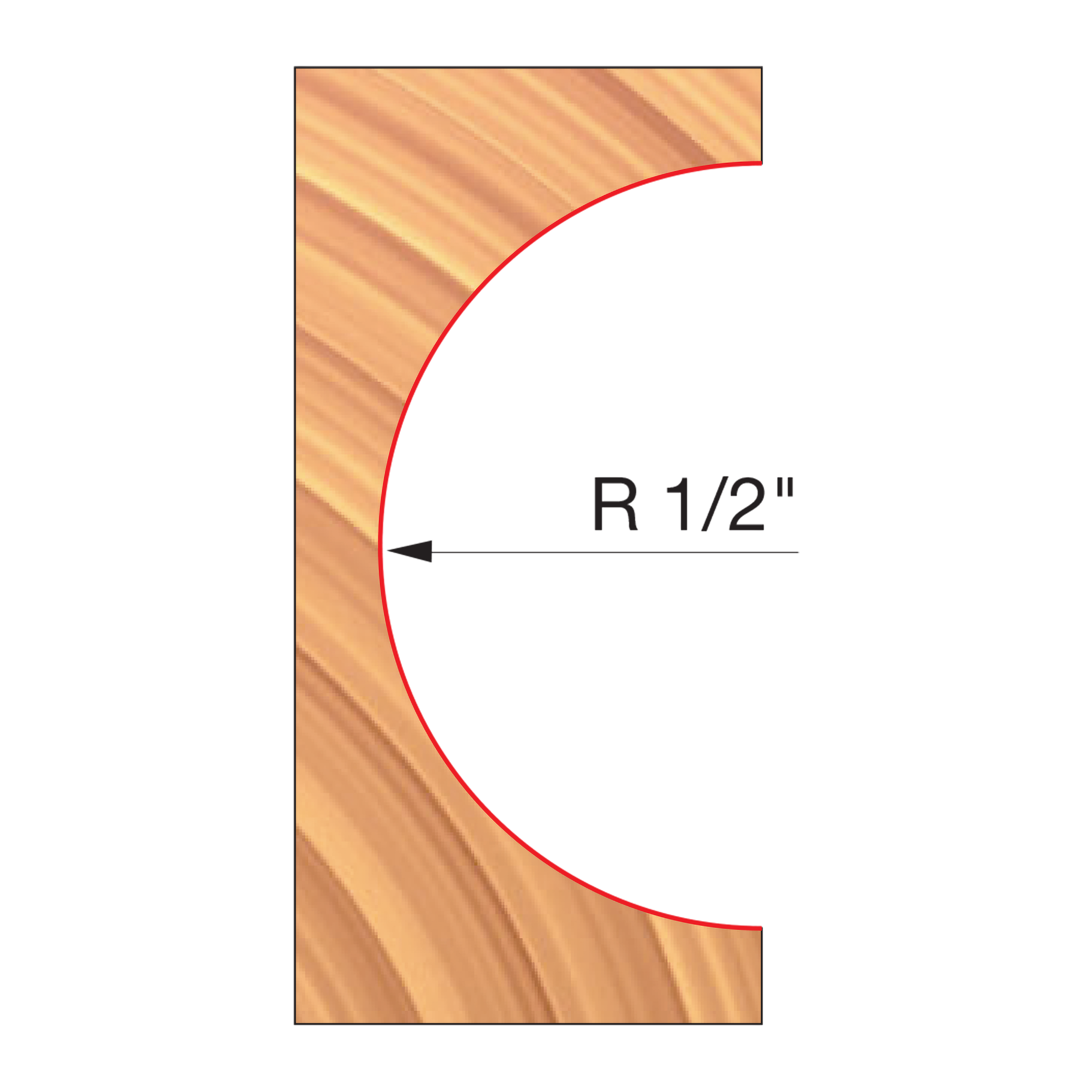 Freud convex radius cutter bit with 1/2" radius profile shown in cross-section on wood.