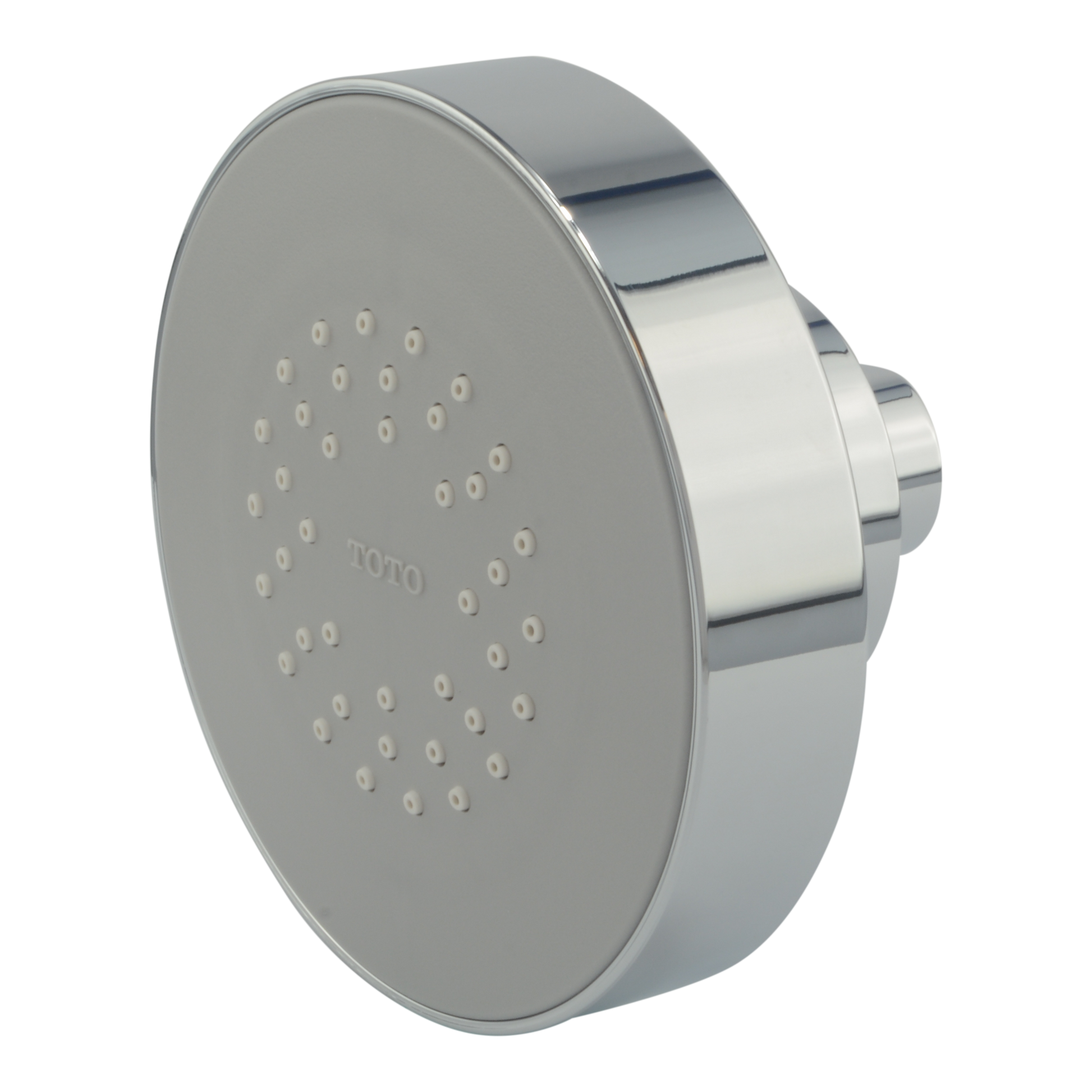 Polished chrome round shower head with multiple spray holes and cylindrical mounting bracket.