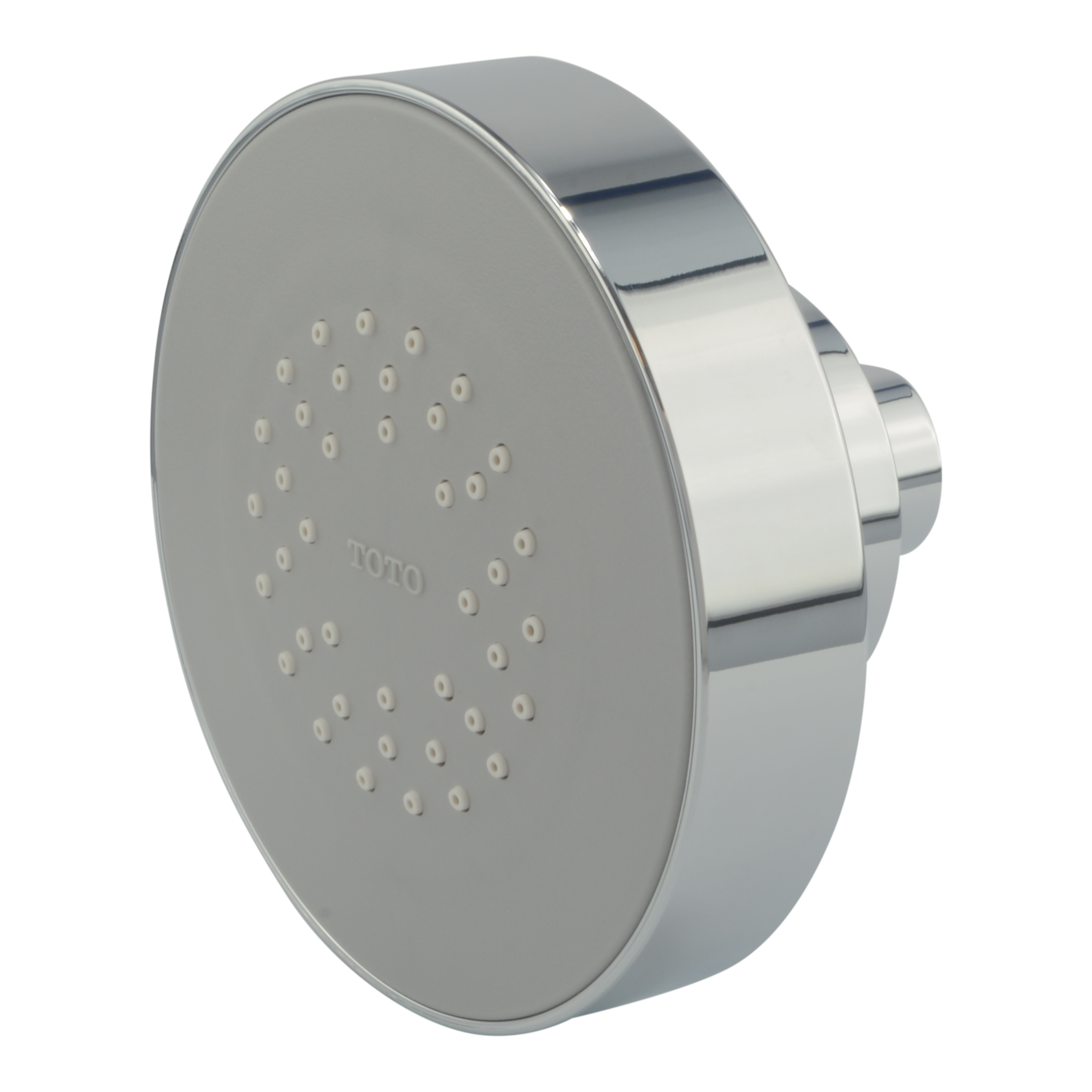 Polished chrome round shower head with multiple spray holes and cylindrical mounting bracket.