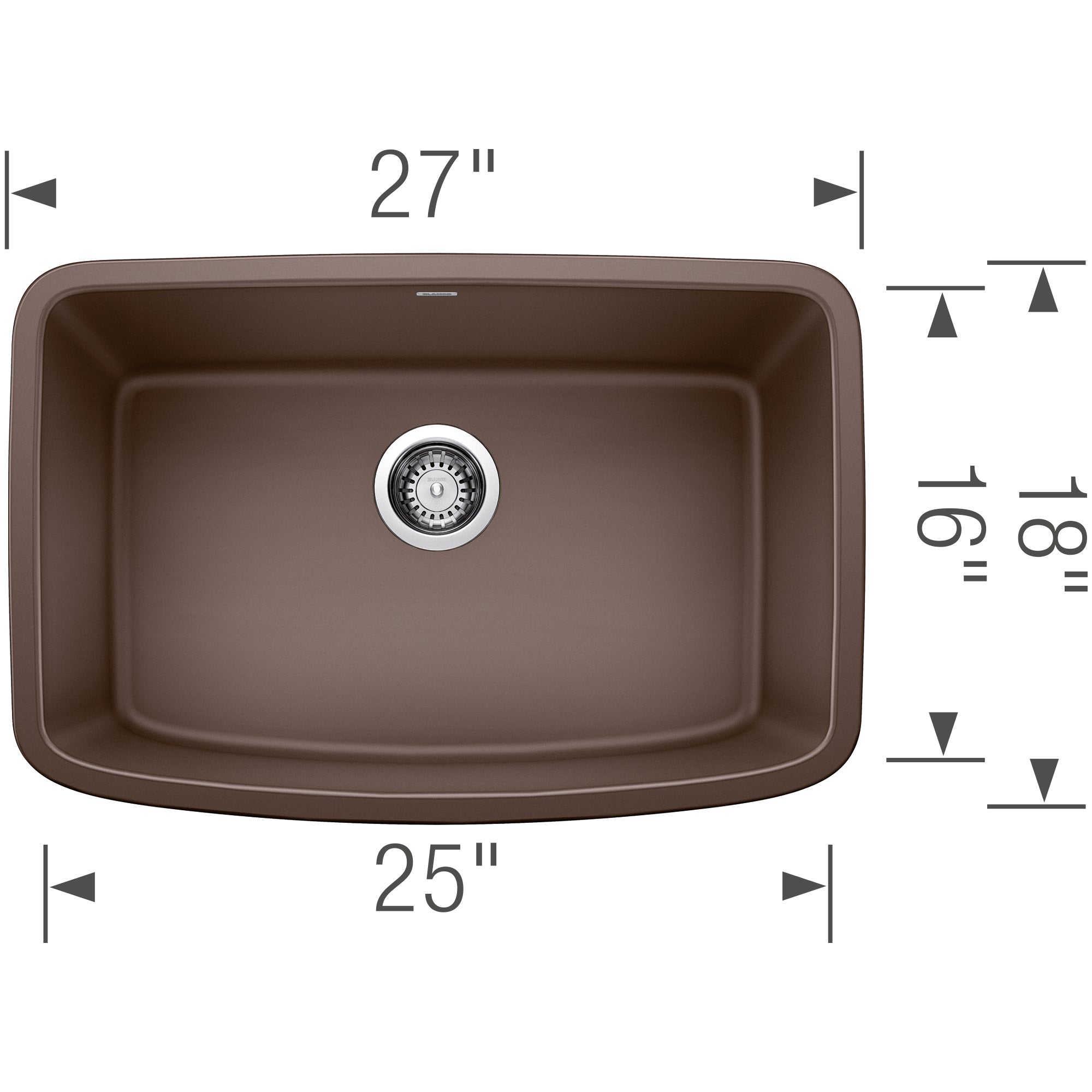 Cafe brown single undermount kitchen sink, 27" wide x 18" deep, with chrome drain strainer and curved edges.
