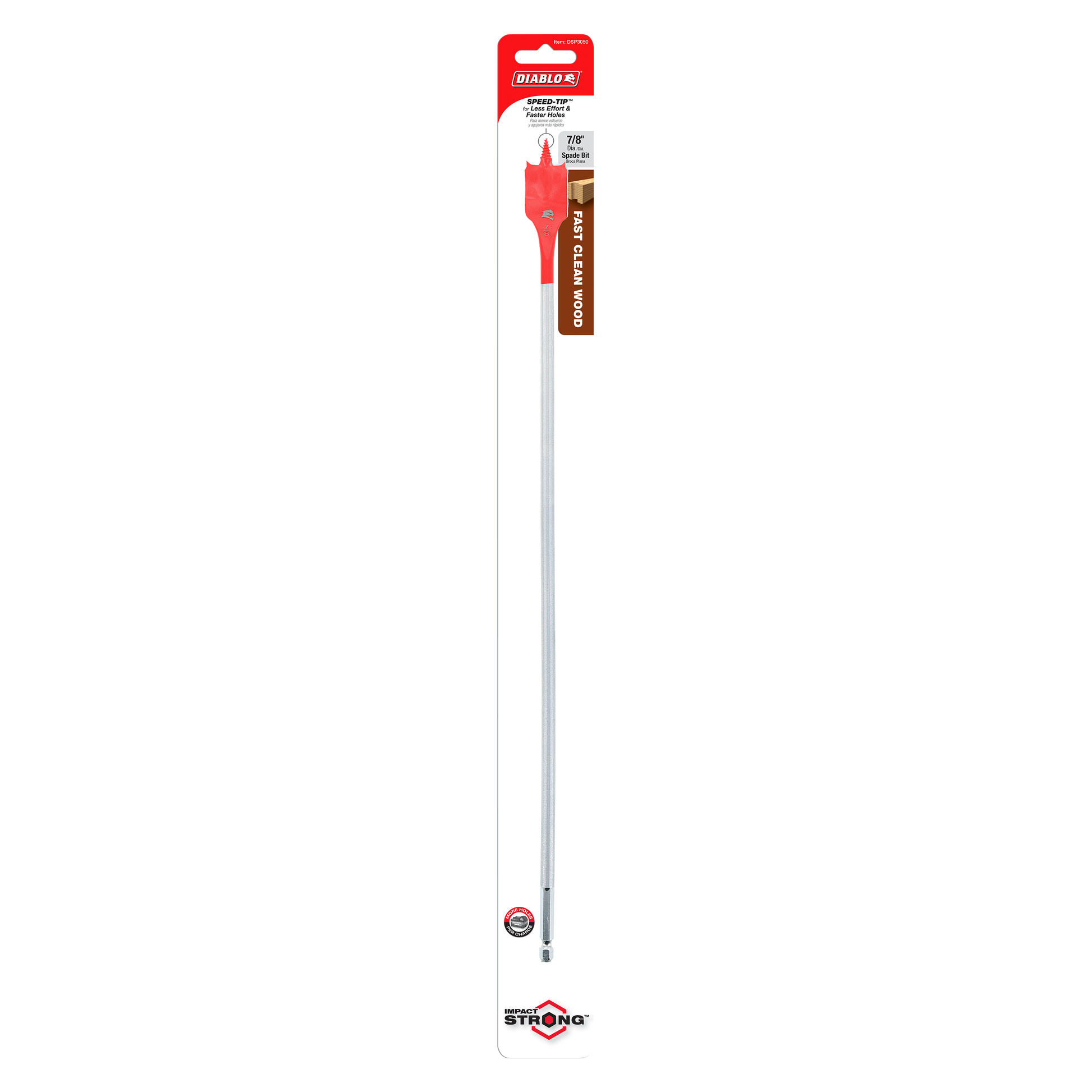 Red and silver spade bit with flat paddle head, long cylindrical shaft, and pointed tip in retail packaging.