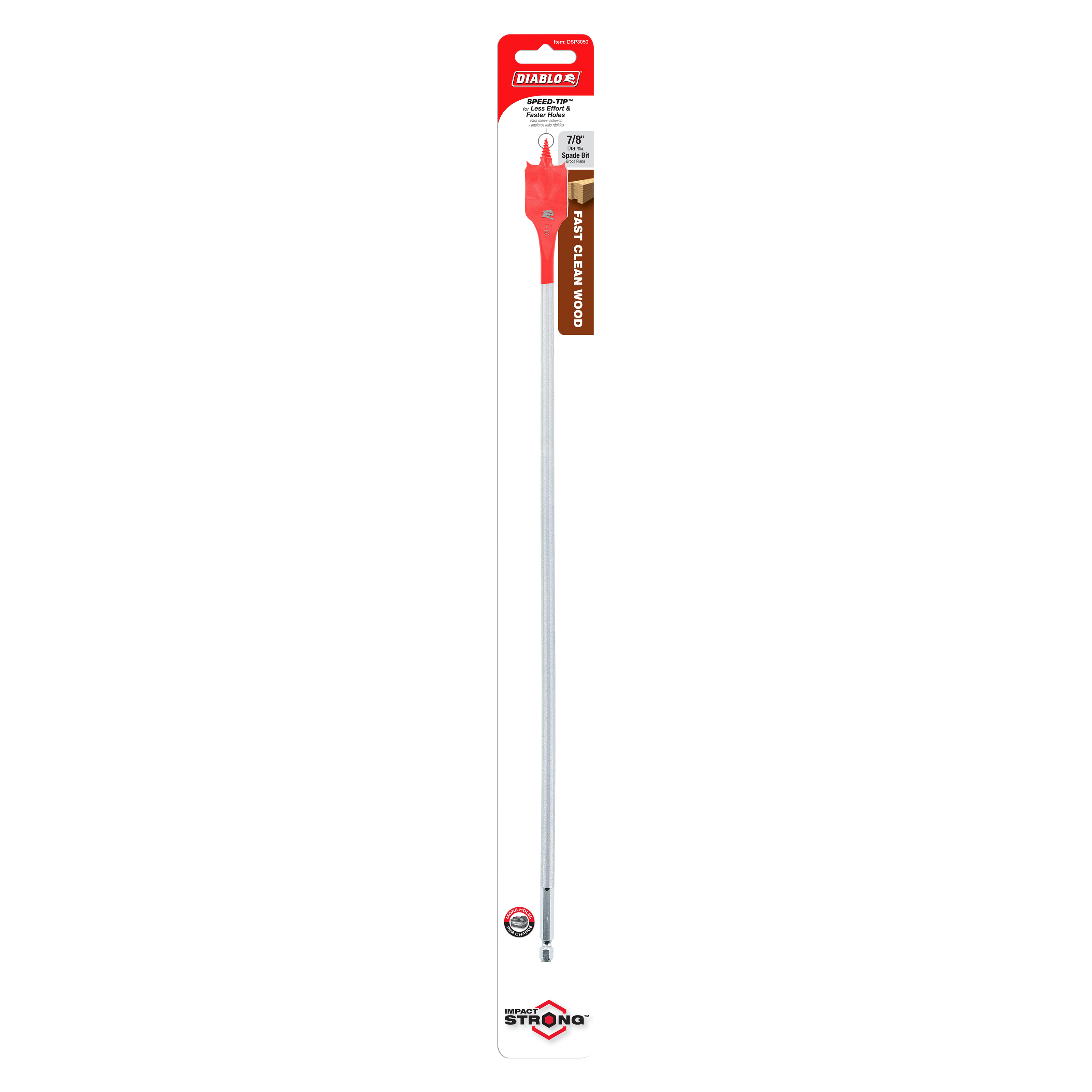 Red and silver spade bit with flat paddle head, long cylindrical shaft, and pointed tip in retail packaging.