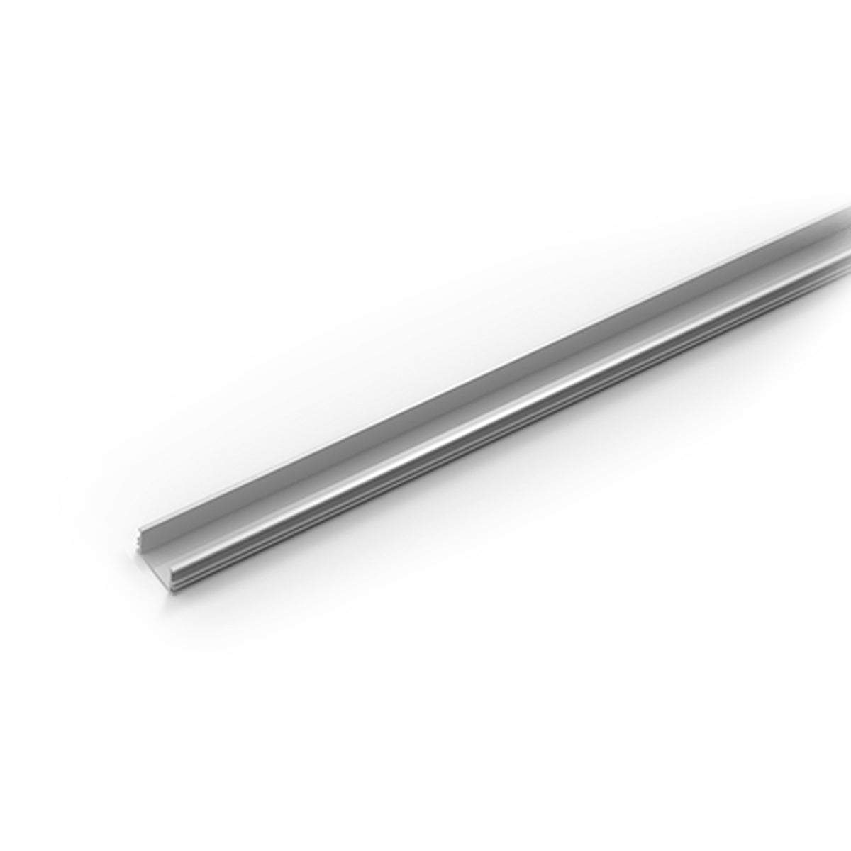 Stainless steel linear drain channel with slotted top and angled sides on white background.