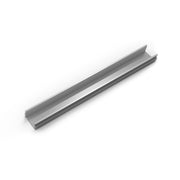 Silver stainless steel linear drain channel with sloped interior walls and angled edges.
