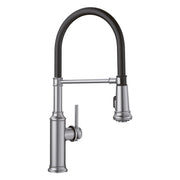 Stainless steel semi-pro kitchen faucet with tall curved spout, black flexible hose, and single lever handle.