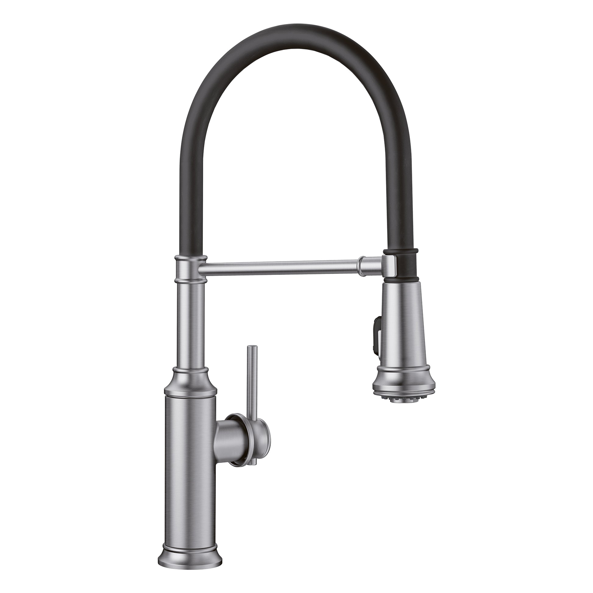 Stainless steel semi-pro kitchen faucet with tall curved spout, black flexible hose, and single lever handle.