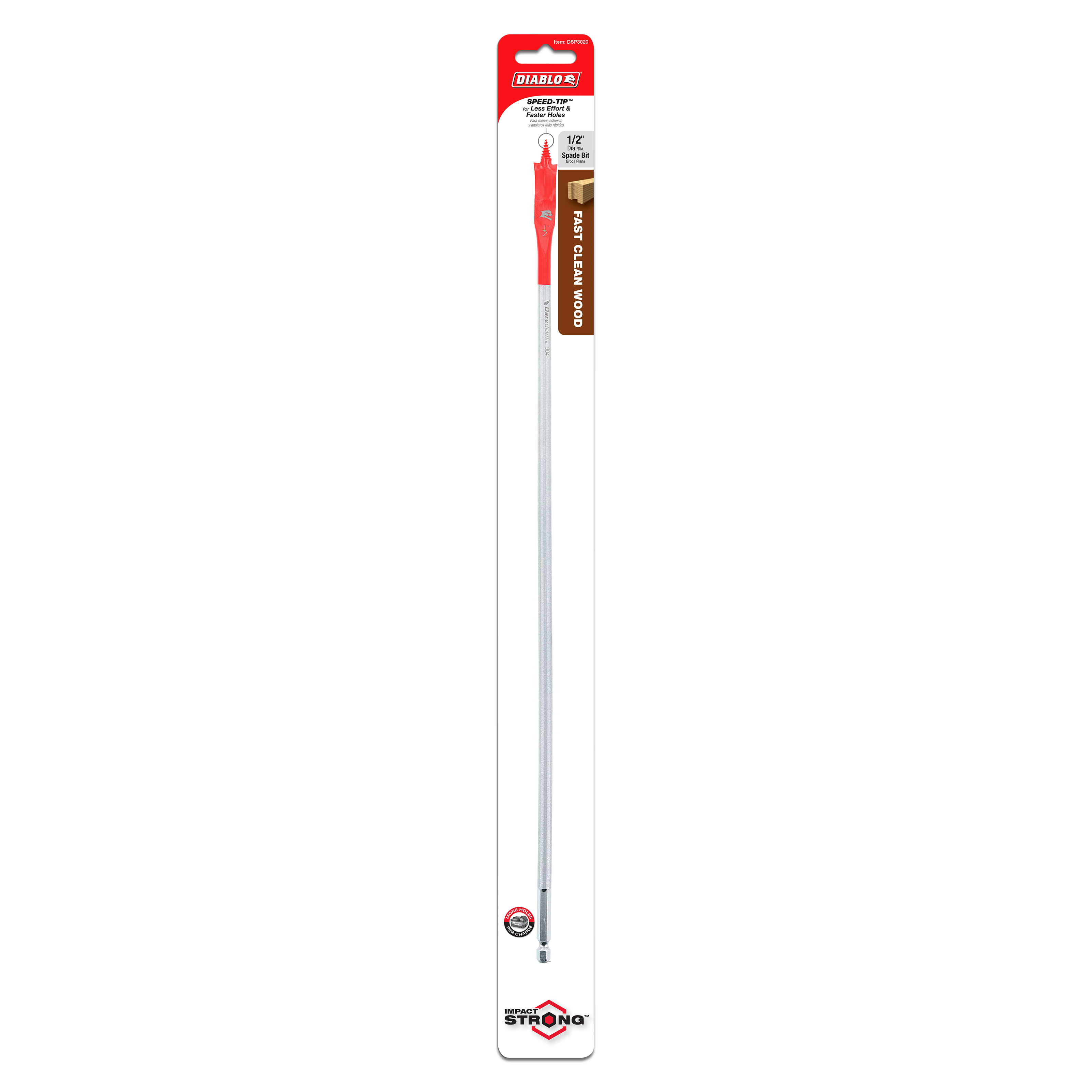 Diablo 1/2 inch spade bit with red and silver shaft in packaging.