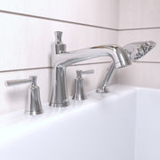 Chrome four-hole roman tub faucet set with curved spout and detachable handshower on white bathtub rim.