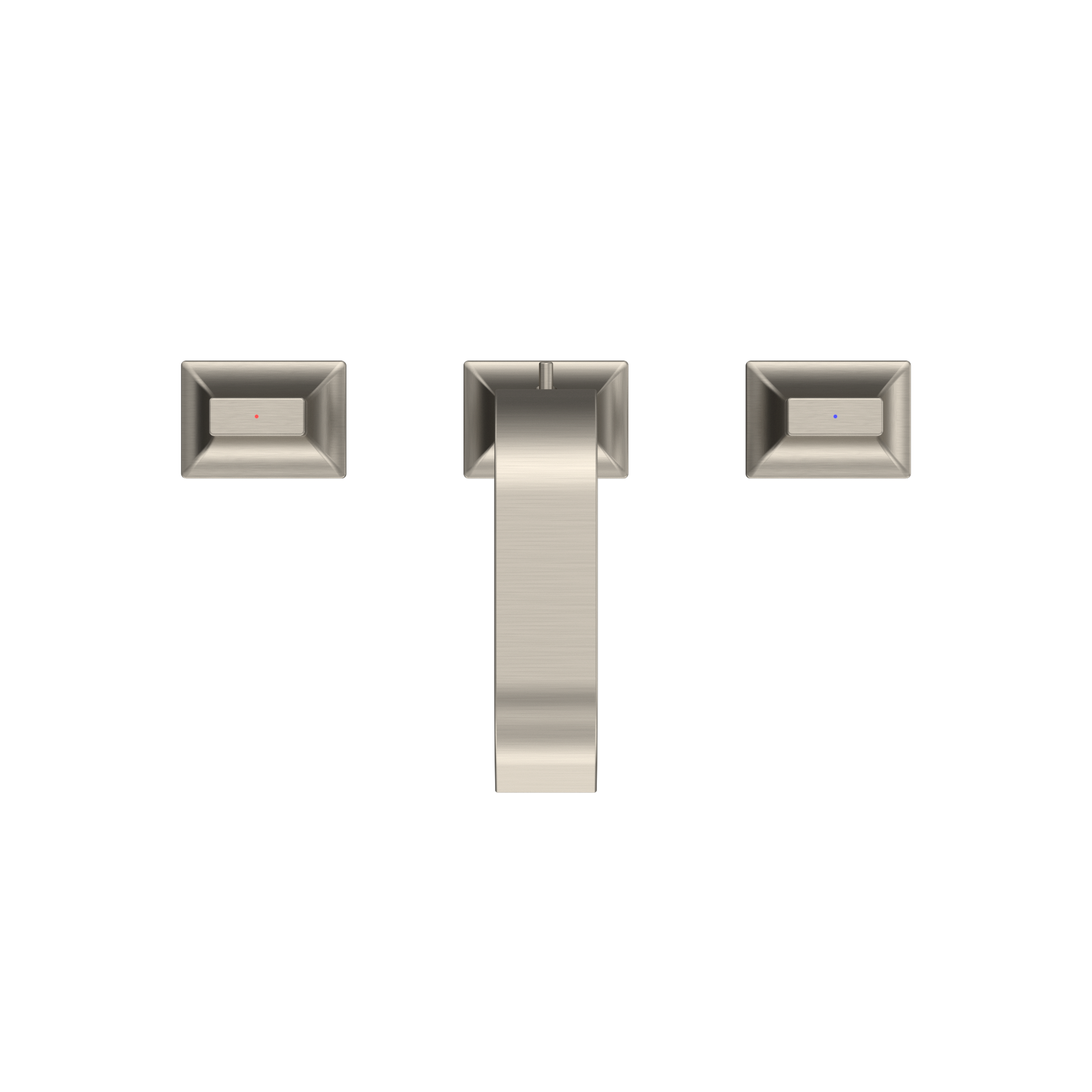 Brushed nickel two-handle widespread bathroom sink faucet with rectangular handles and tall spout.
