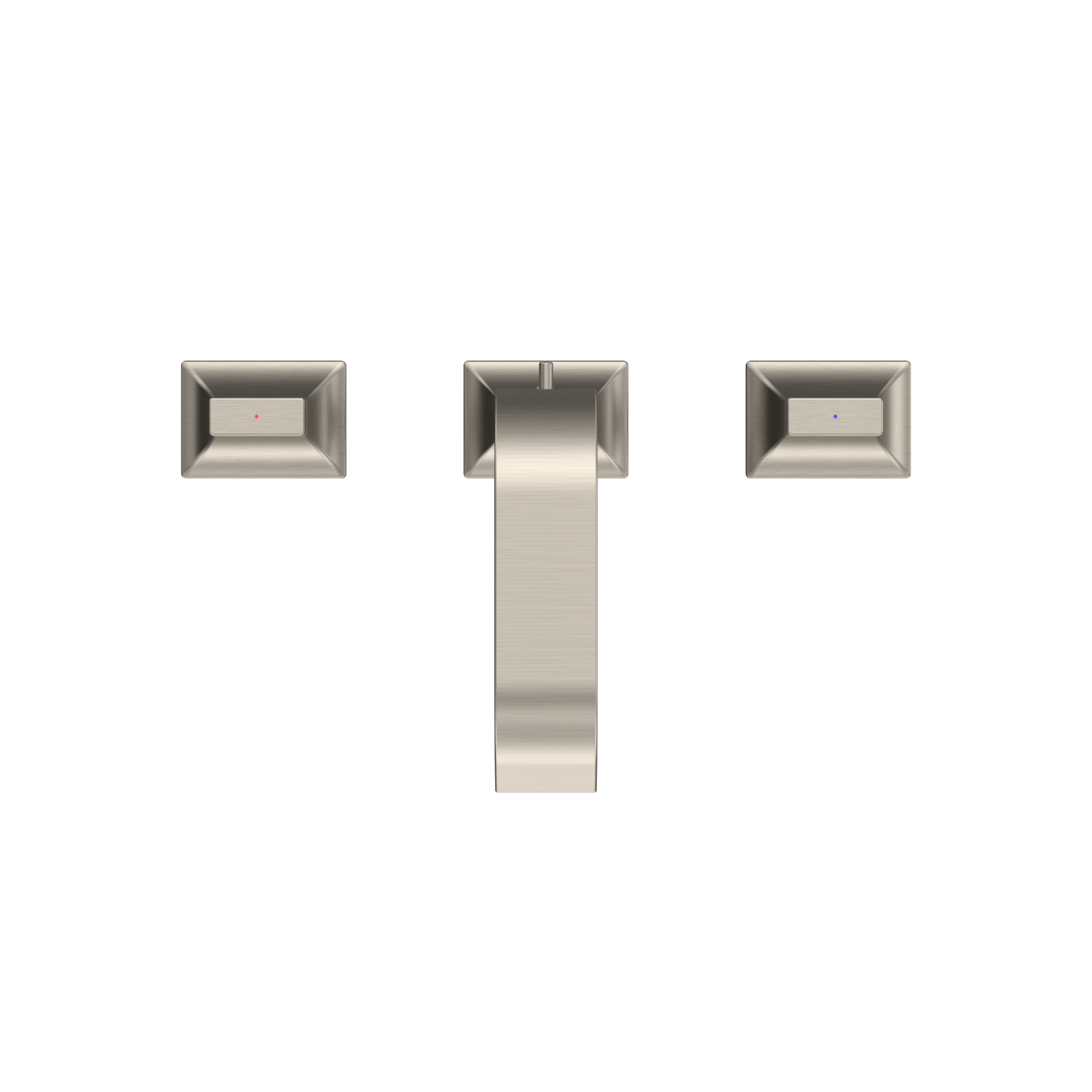 Brushed nickel two-handle widespread bathroom sink faucet with rectangular handles and tall spout.