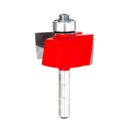 Freud rabbeting bit with red cutting head, silver shank, and ball bearing guide at top.