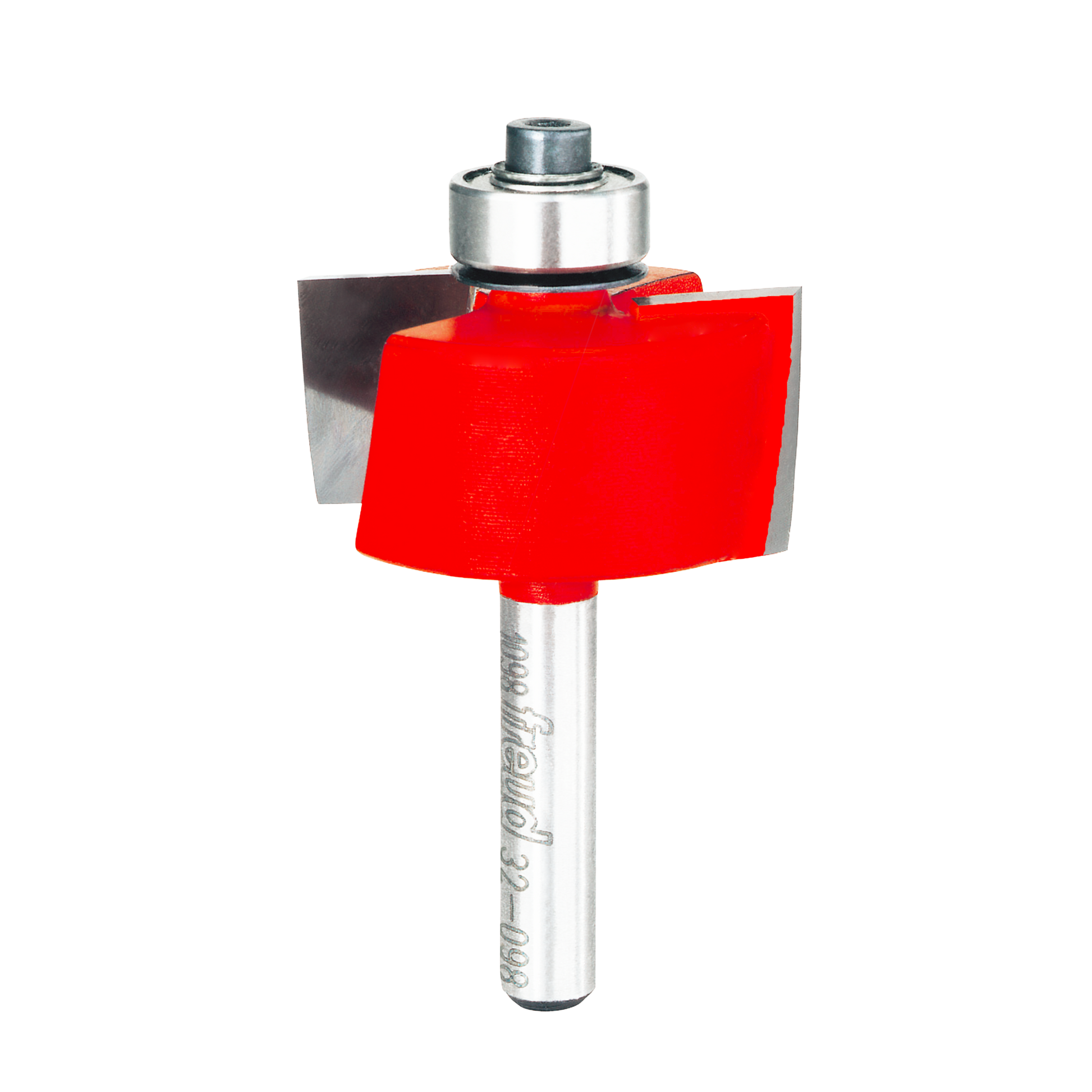 Freud rabbeting bit with red cutting head, silver shank, and ball bearing guide at top.