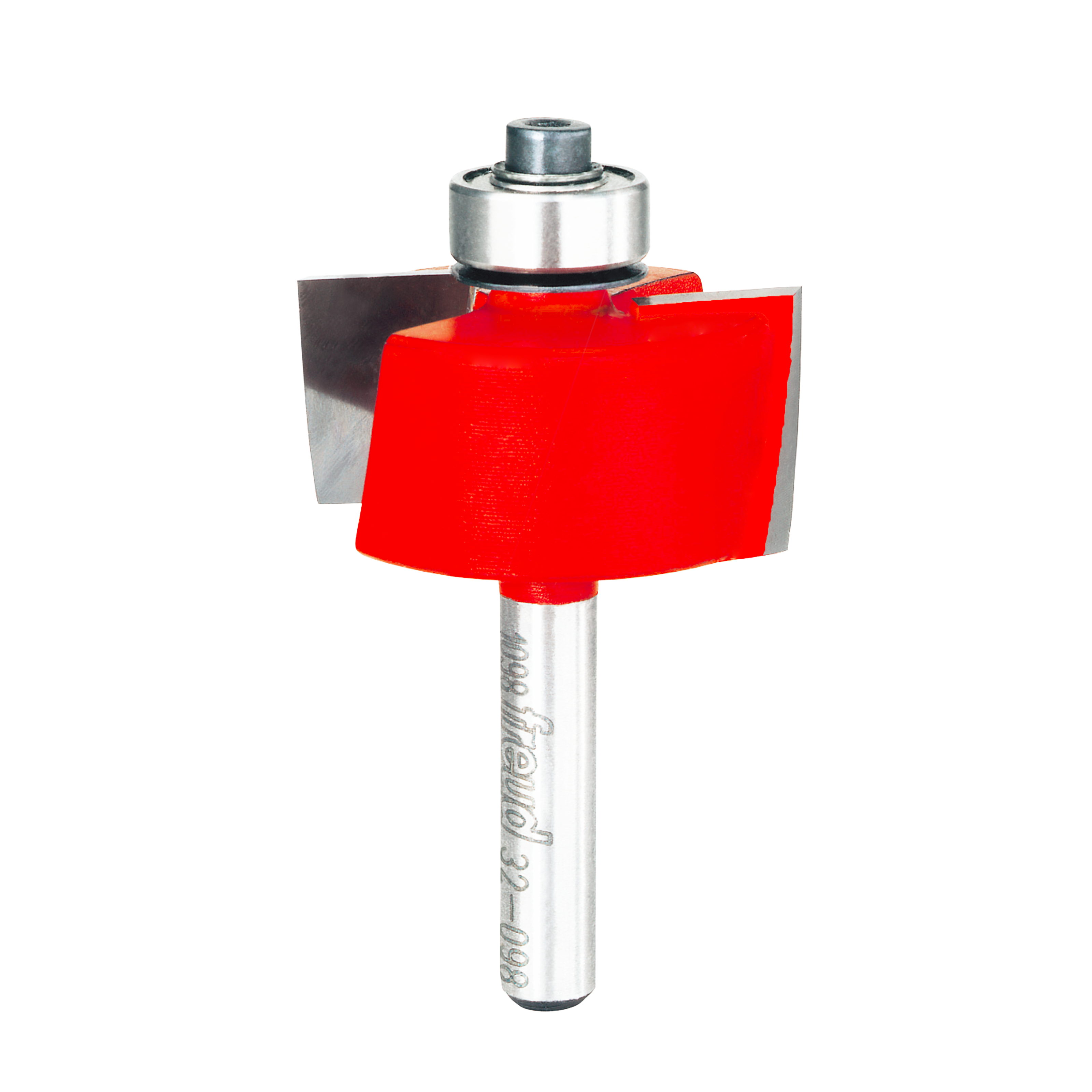 Freud rabbeting bit with red cutting head, silver shank, and ball bearing guide at top.