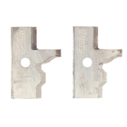 Two metal router knives with Freud branding, curved cutting edges, and mounting holes for rail and stile profiling.