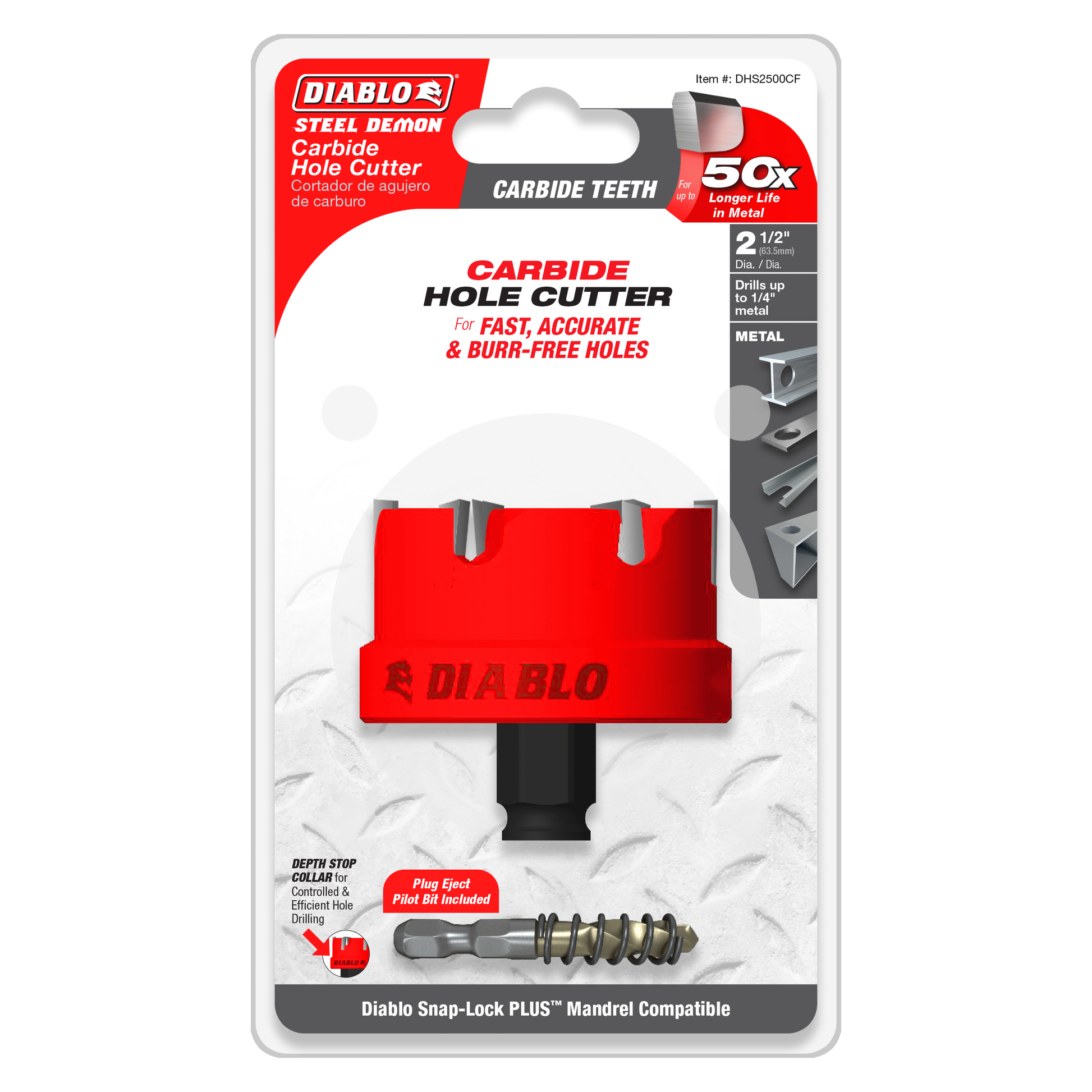 Diablo Steel Demon 2-1/2 inch red carbide hole cutter with black handle and metal pilot bit on packaging.
