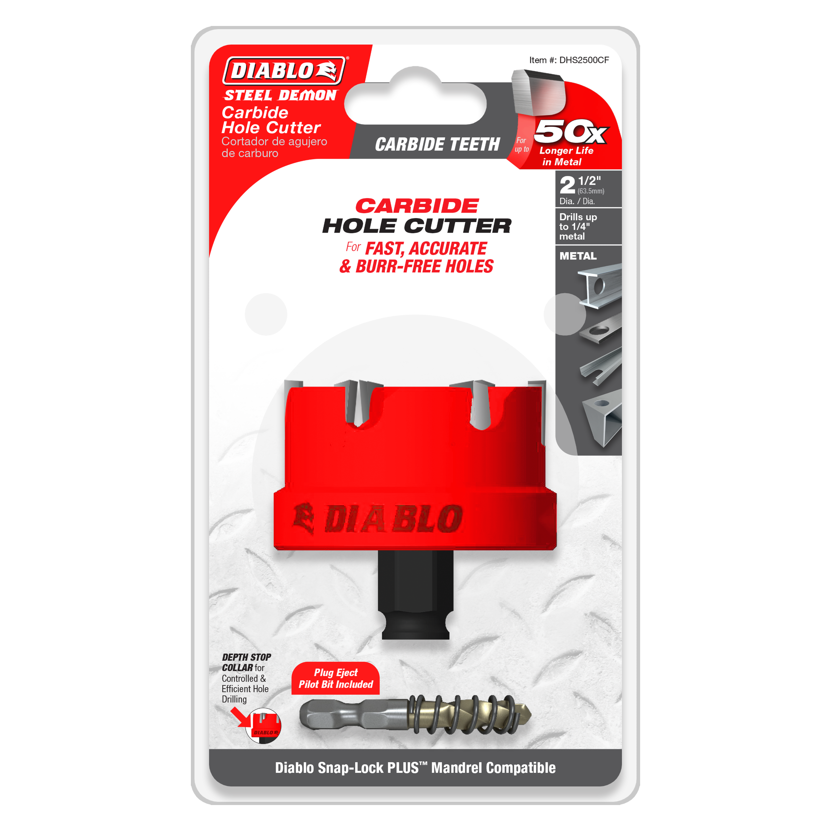 Diablo Steel Demon 2-1/2 inch red carbide hole cutter with black handle and metal pilot bit on packaging.