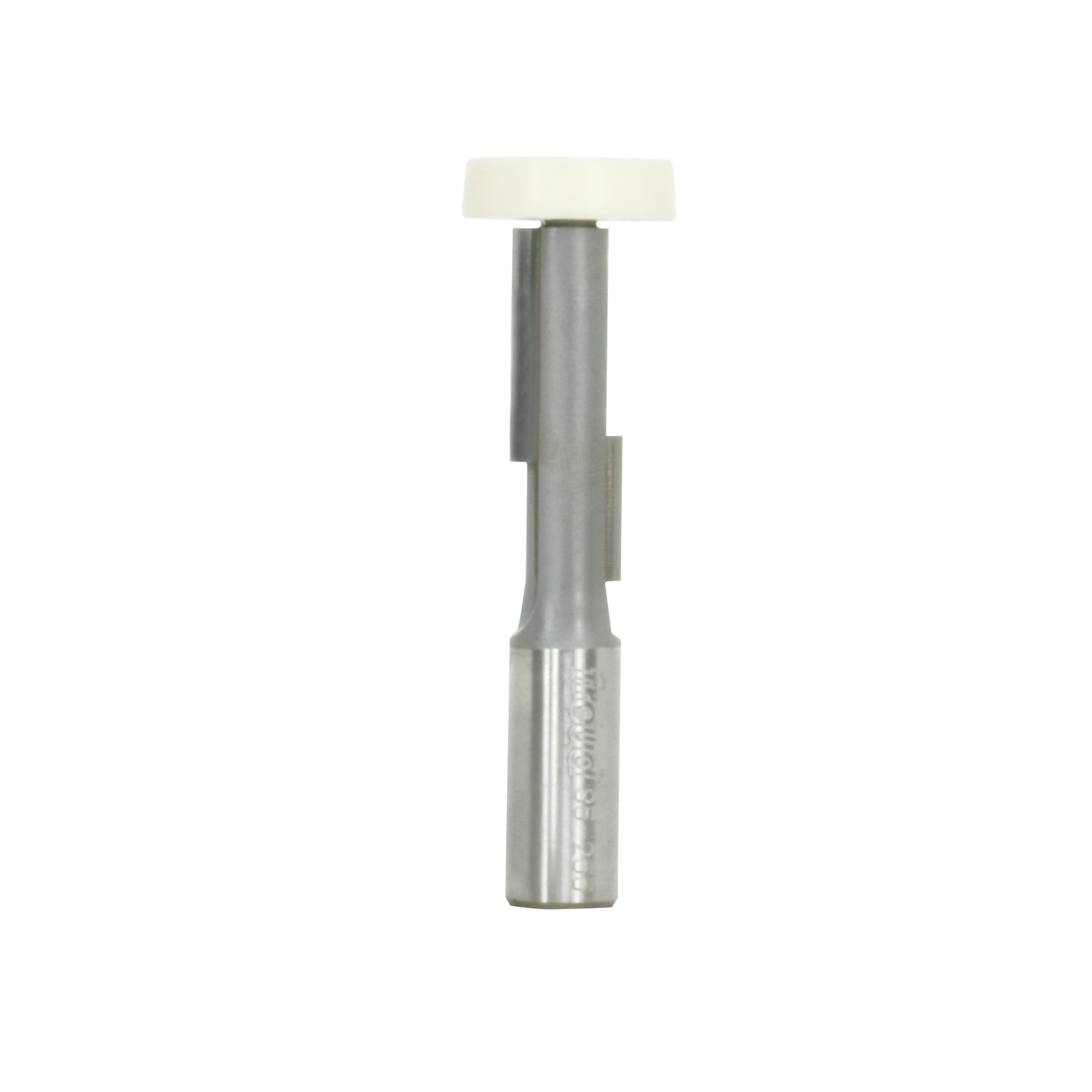 Metal router bit with 1/2" diameter shank, cream-colored top guide, and cutting edges for trim and cutout work.