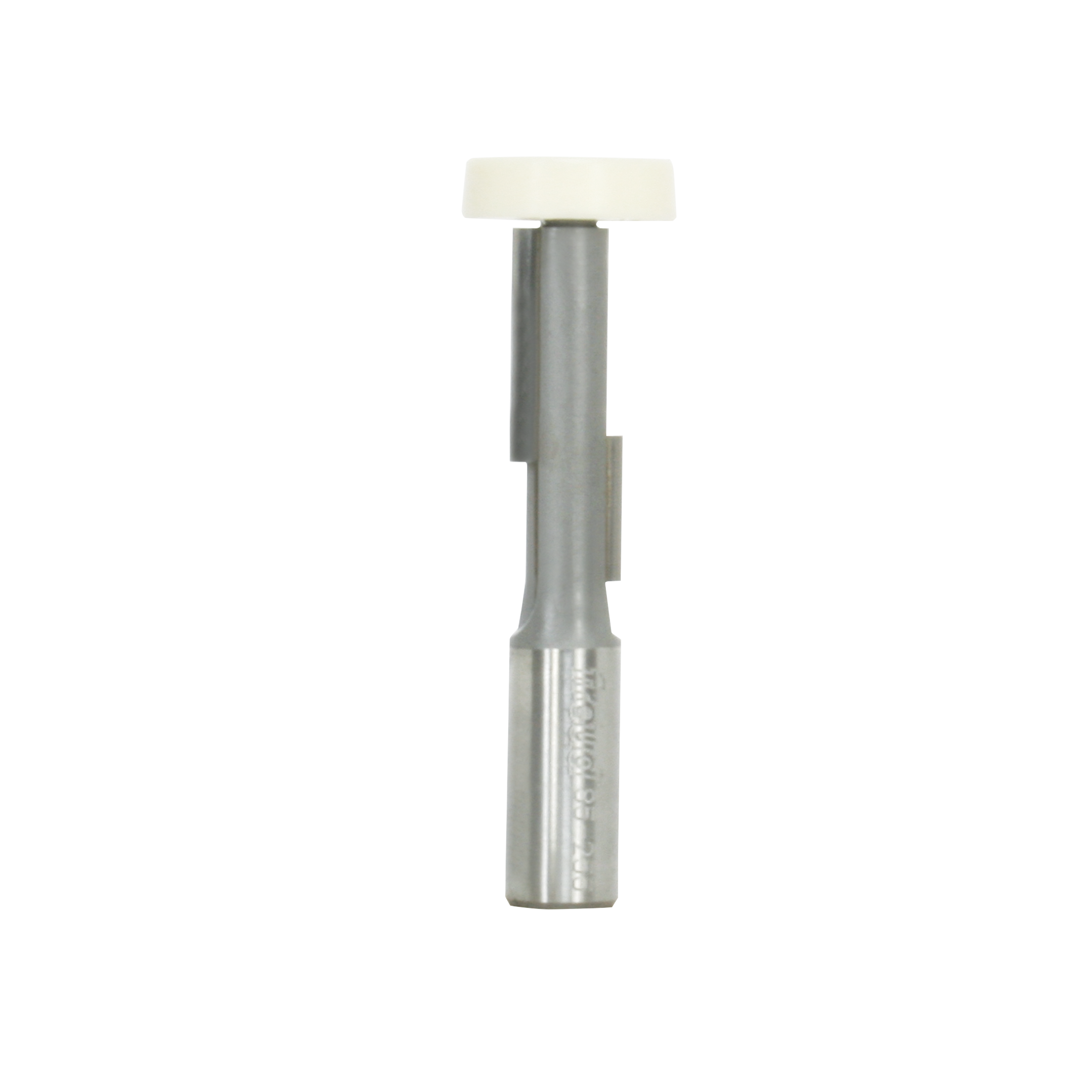 Metal router bit with 1/2" diameter shank, cream-colored top guide, and cutting edges for trim and cutout work.