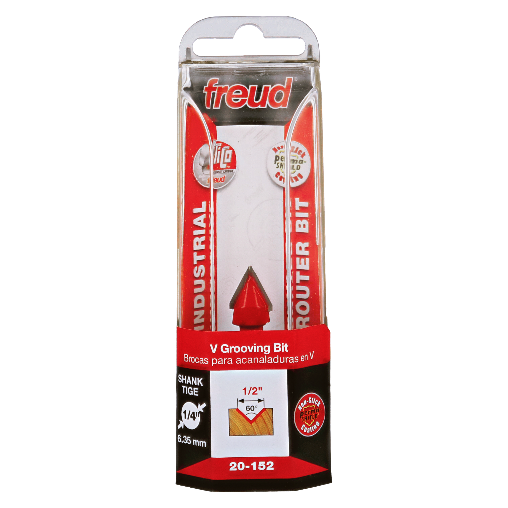 Freud 20-152 V grooving bit with 1/2" diameter and 60-degree angle in red packaging with clear blister display.
