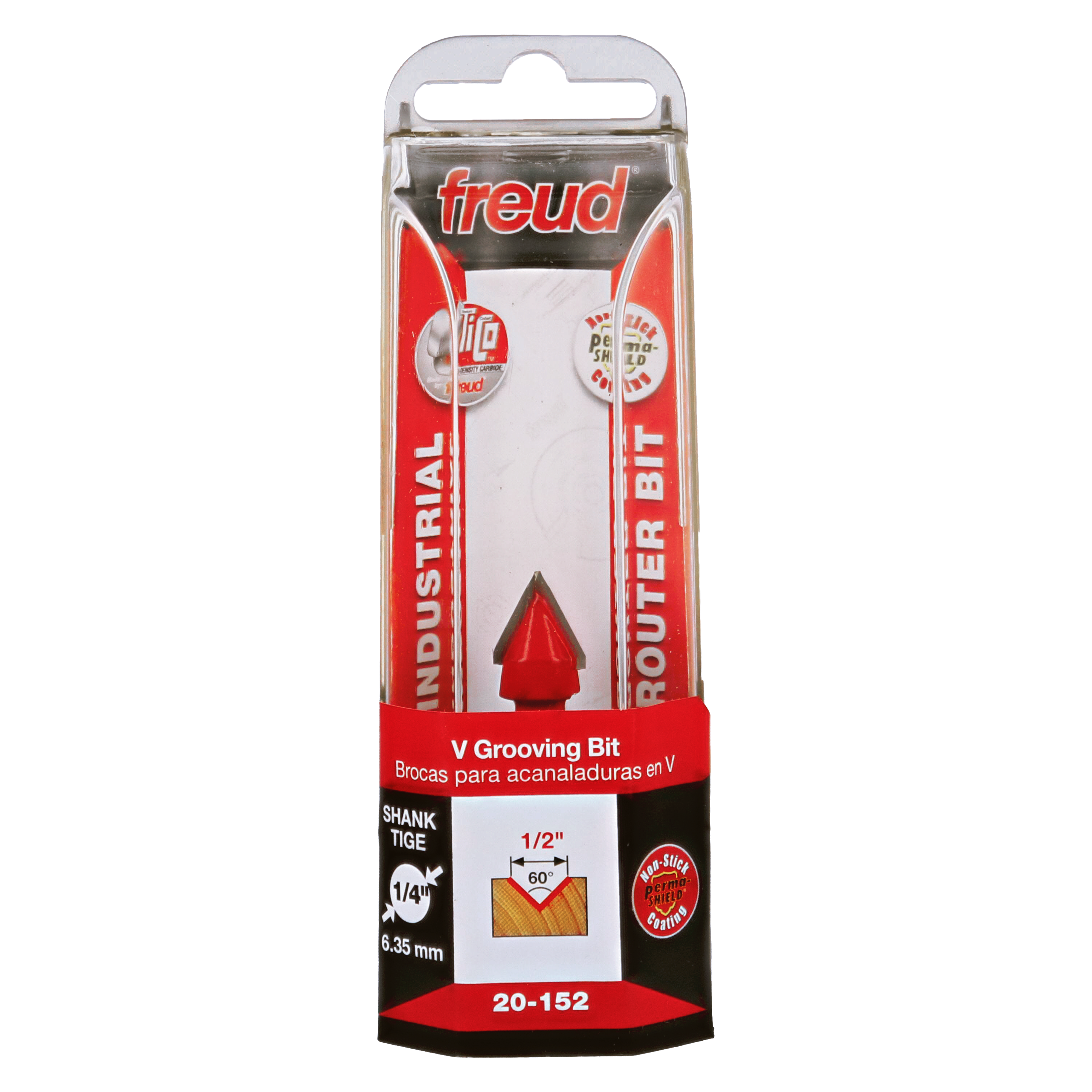 Freud 20-152 V grooving bit with 1/2" diameter and 60-degree angle in red packaging with clear blister display.