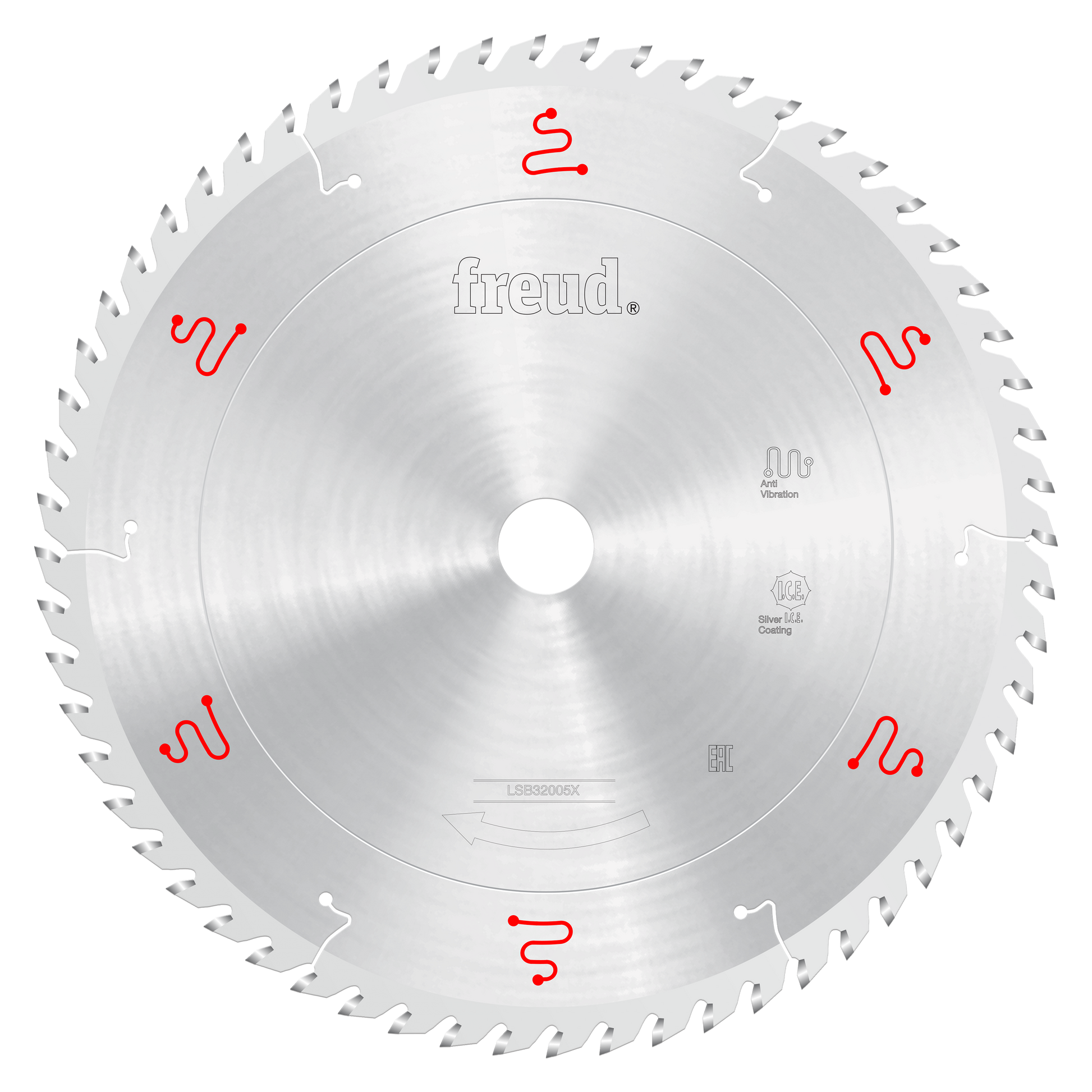 Freud 320mm circular saw blade with silver coating, multiple teeth around edge, and red Freud branding on silver face.