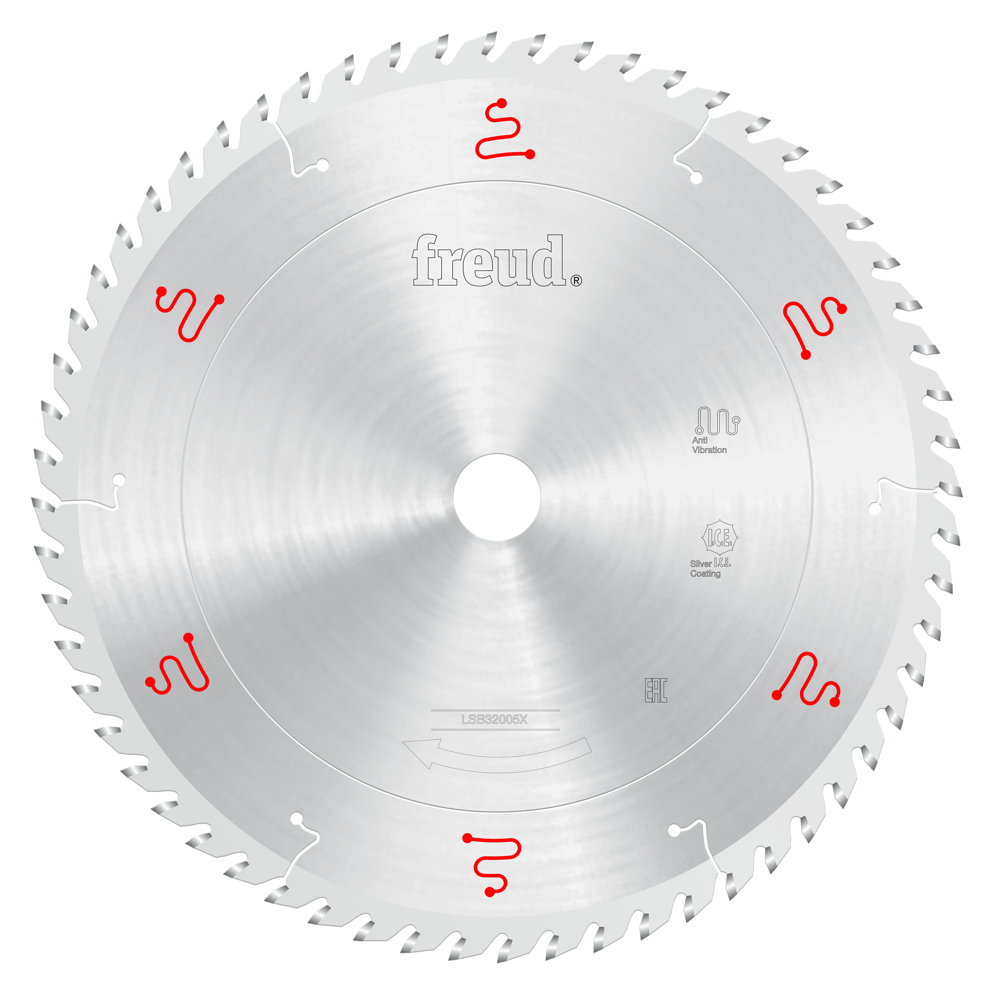 Freud 320mm circular saw blade with silver coating, multiple teeth around edge, and red Freud branding on silver face.