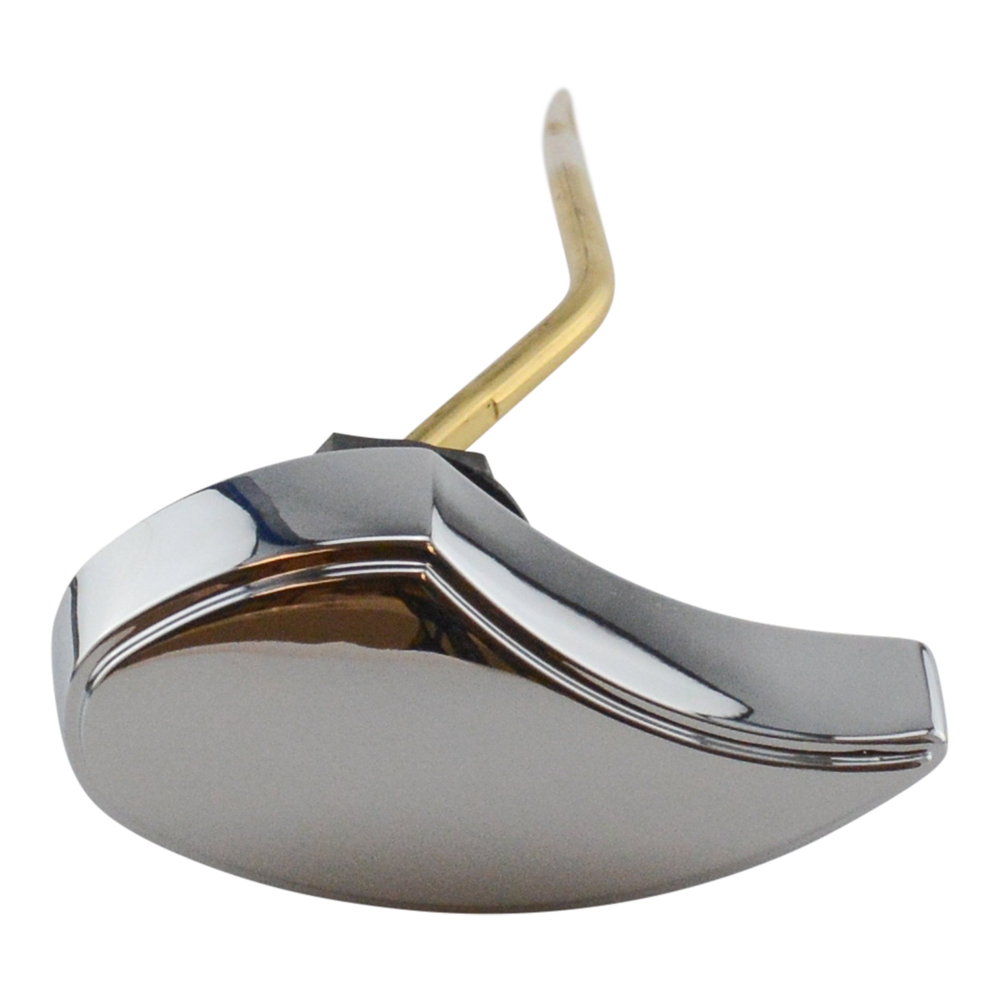 Polished chrome trip lever with brass-colored curved arm for toilet tank.