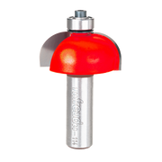 Router bit with red cove-shaped cutting head and silver metal shank labeled "Freud 30-114".